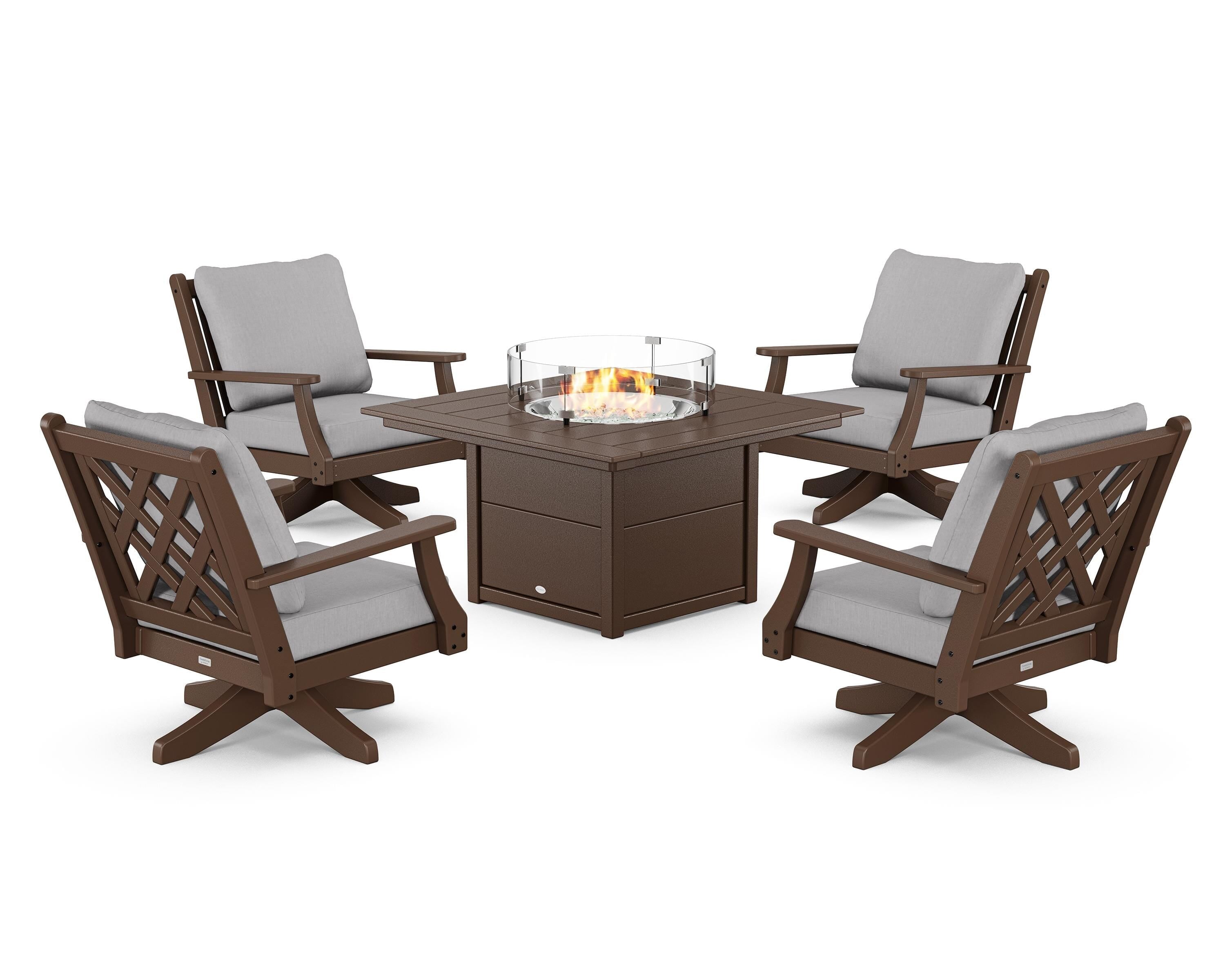Country Living Wovendale 5-Piece Deep Seating Swivel Conversation Set with Fire Pit Table in Mahogany / Granite