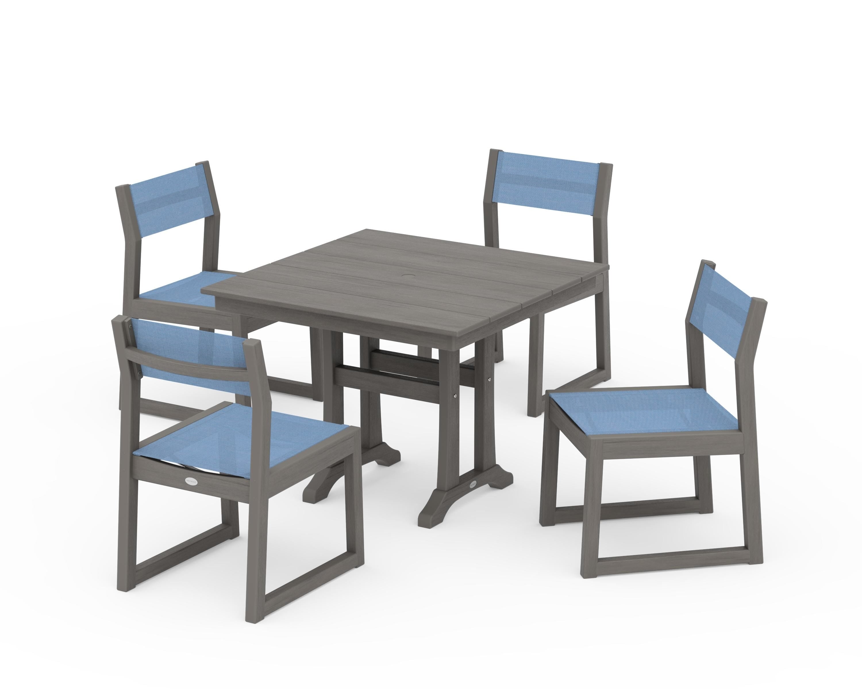 POLYWOOD EDGE Sling 5-Piece Farmhouse Trestle Side Chair Dining Set in Driftwood / Poolside Sling