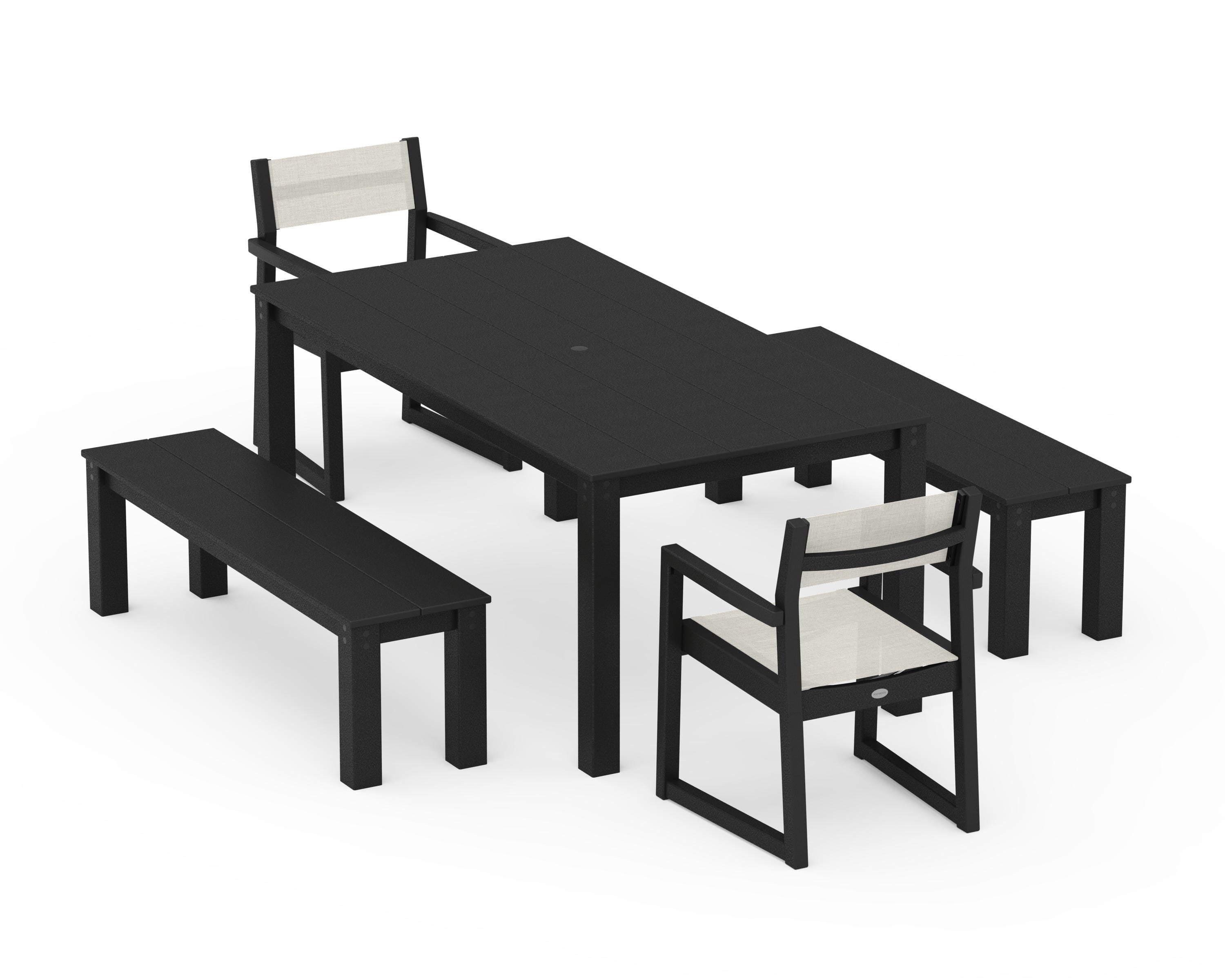 POLYWOOD EDGE Sling Arm Chair 5-Piece Parsons Dining Set with Benches in Black / Parchment Sling