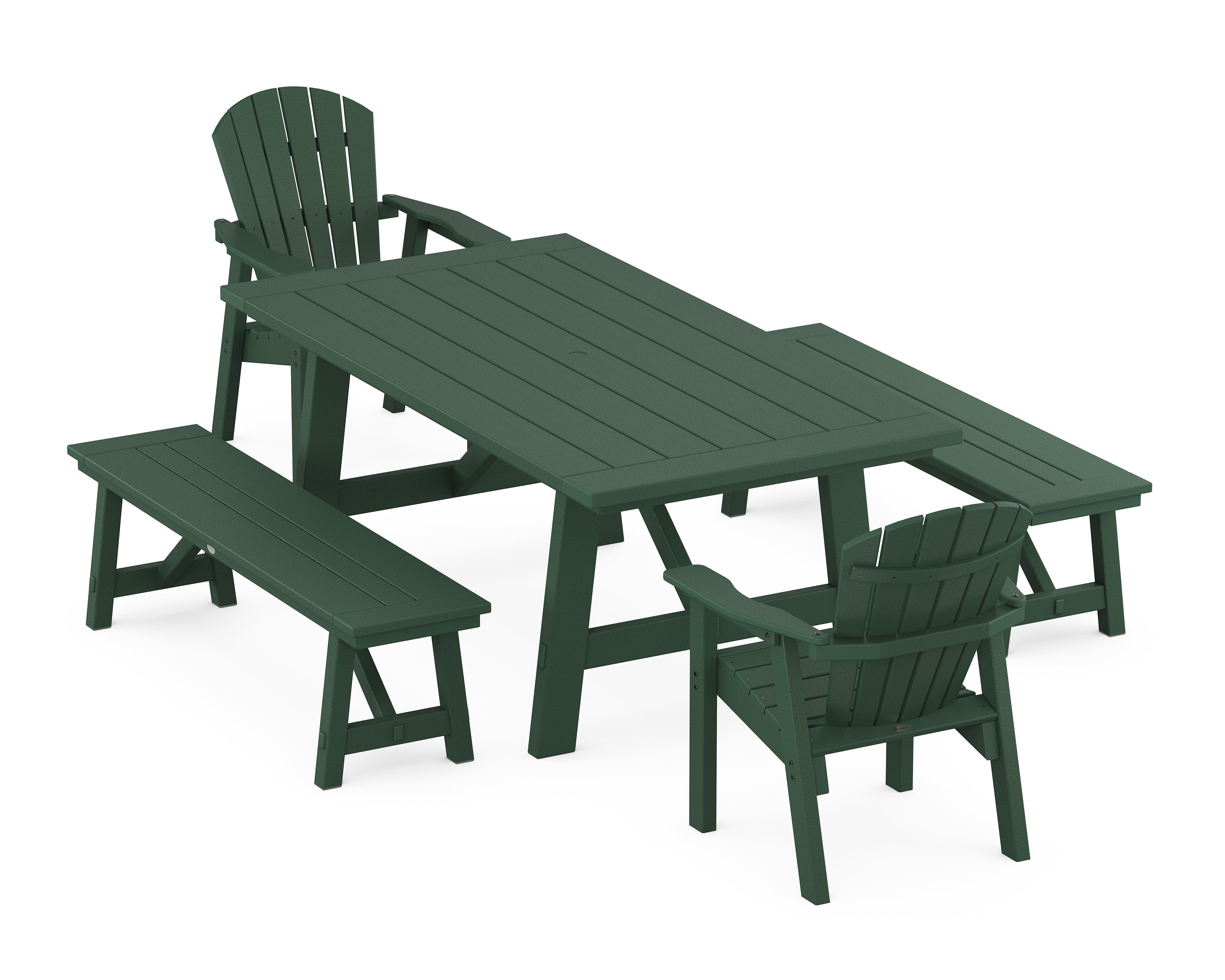 POLYWOOD® Seashell 5-Piece Rustic Farmhouse Dining Set With Benches in Green