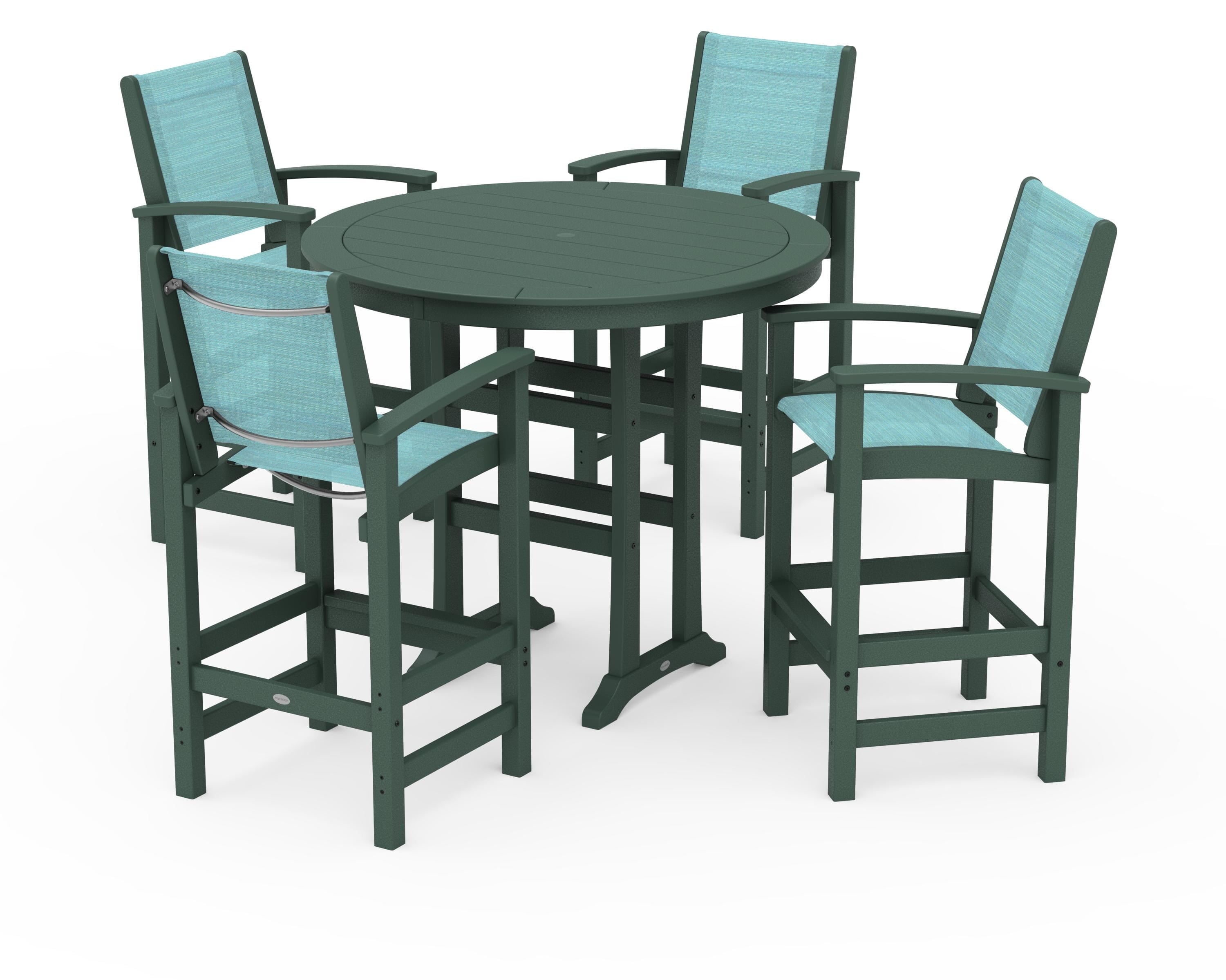 POLYWOOD Coastal 5-Piece Nautical Trestle Bar Set in Green / Dupioni Aquamarine Sling