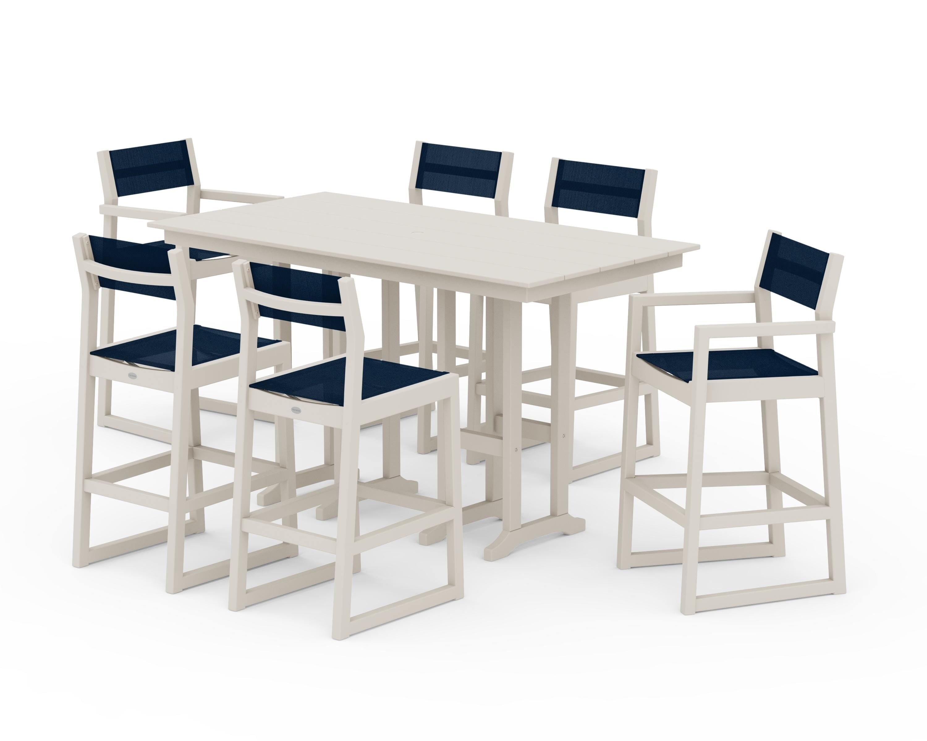 POLYWOOD EDGE Sling 7-Piece Farmhouse Bar Set in Sand / Navy Blue Sling