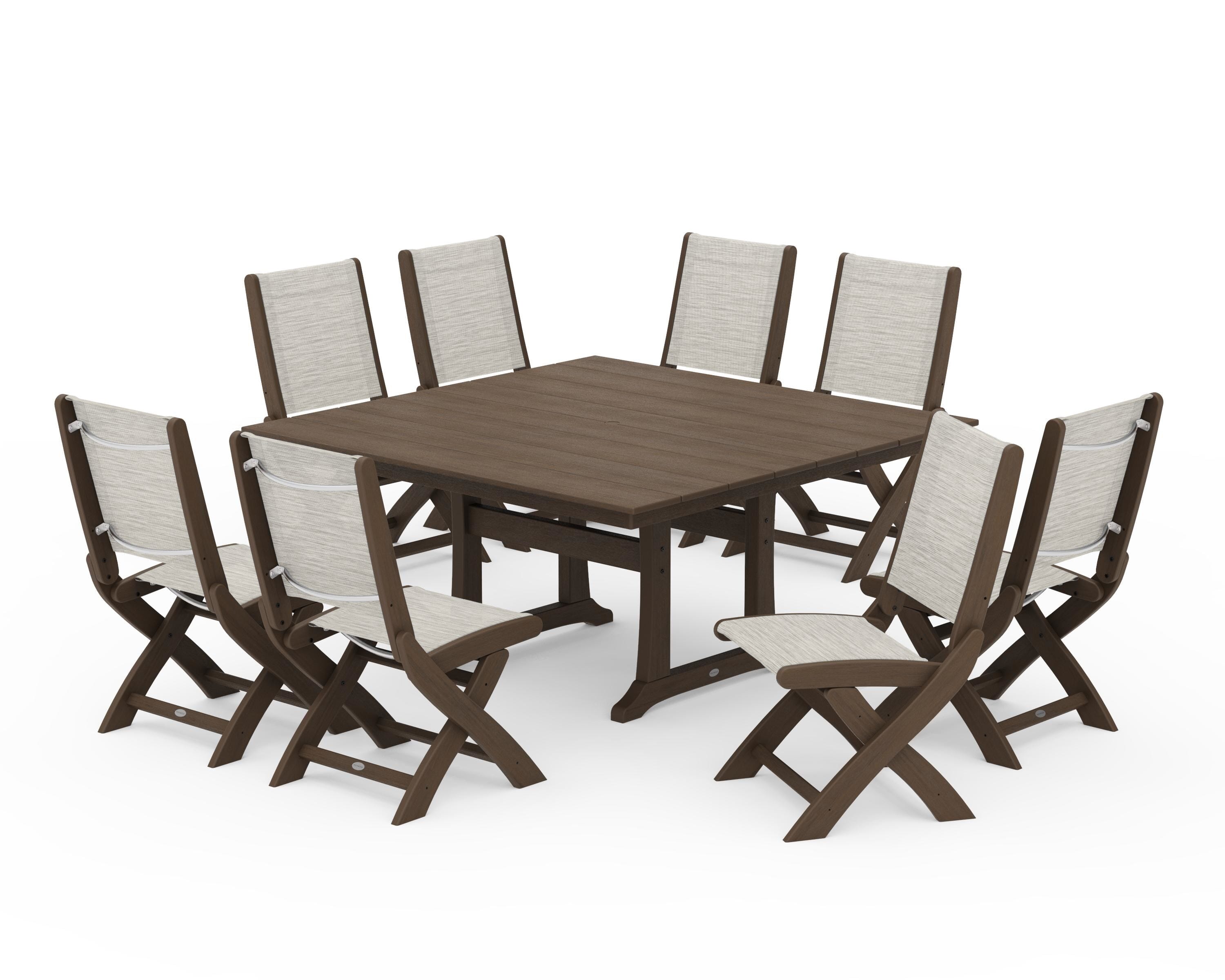 POLYWOOD Coastal Folding Side Chair 9-Piece Dining Set with Trestle Legs in Kona / Birch Sling
