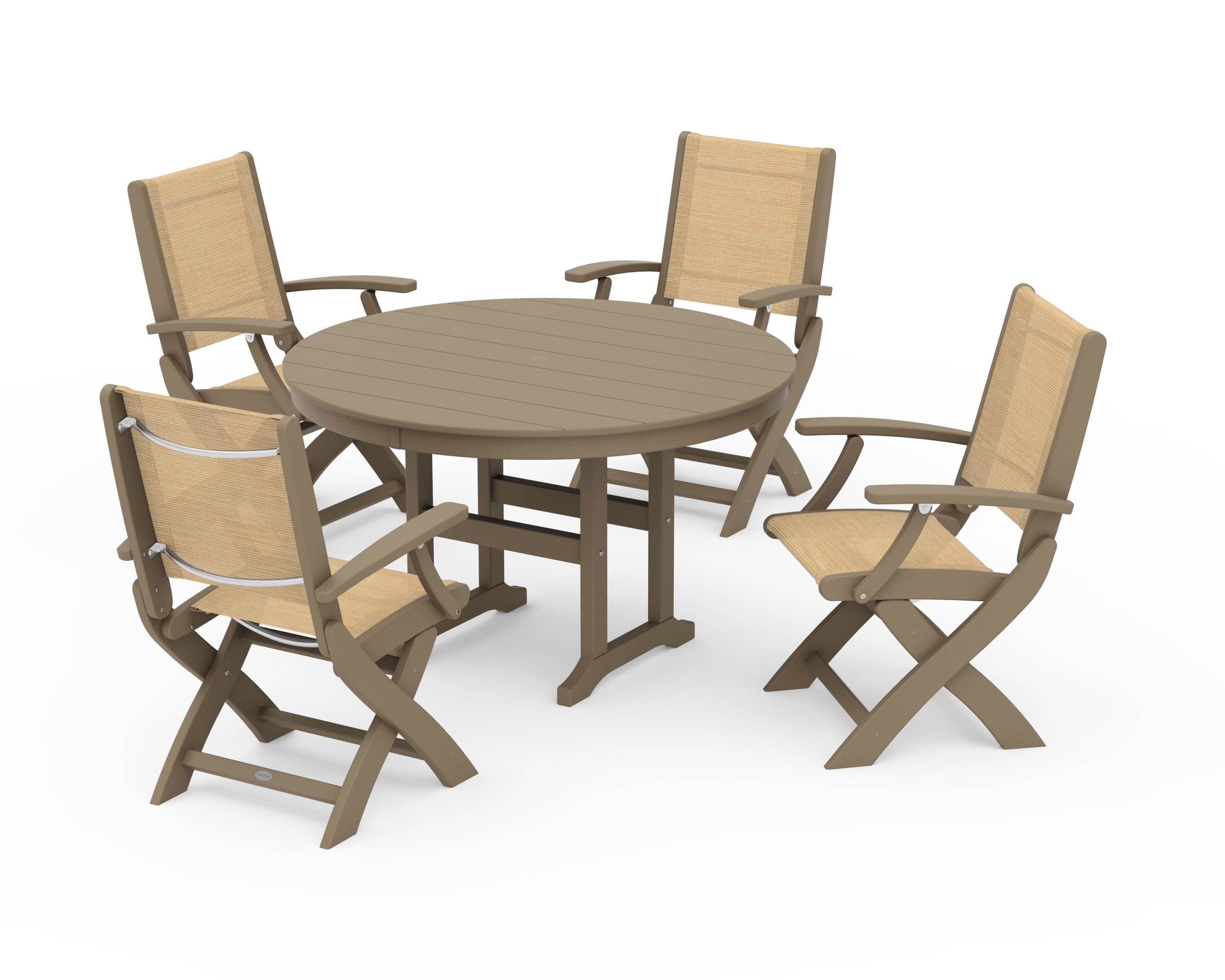 POLYWOOD Coastal Folding Chair 5-Piece Round Dining Set in Vintage Sahara / Dupioni Apricot Sling
