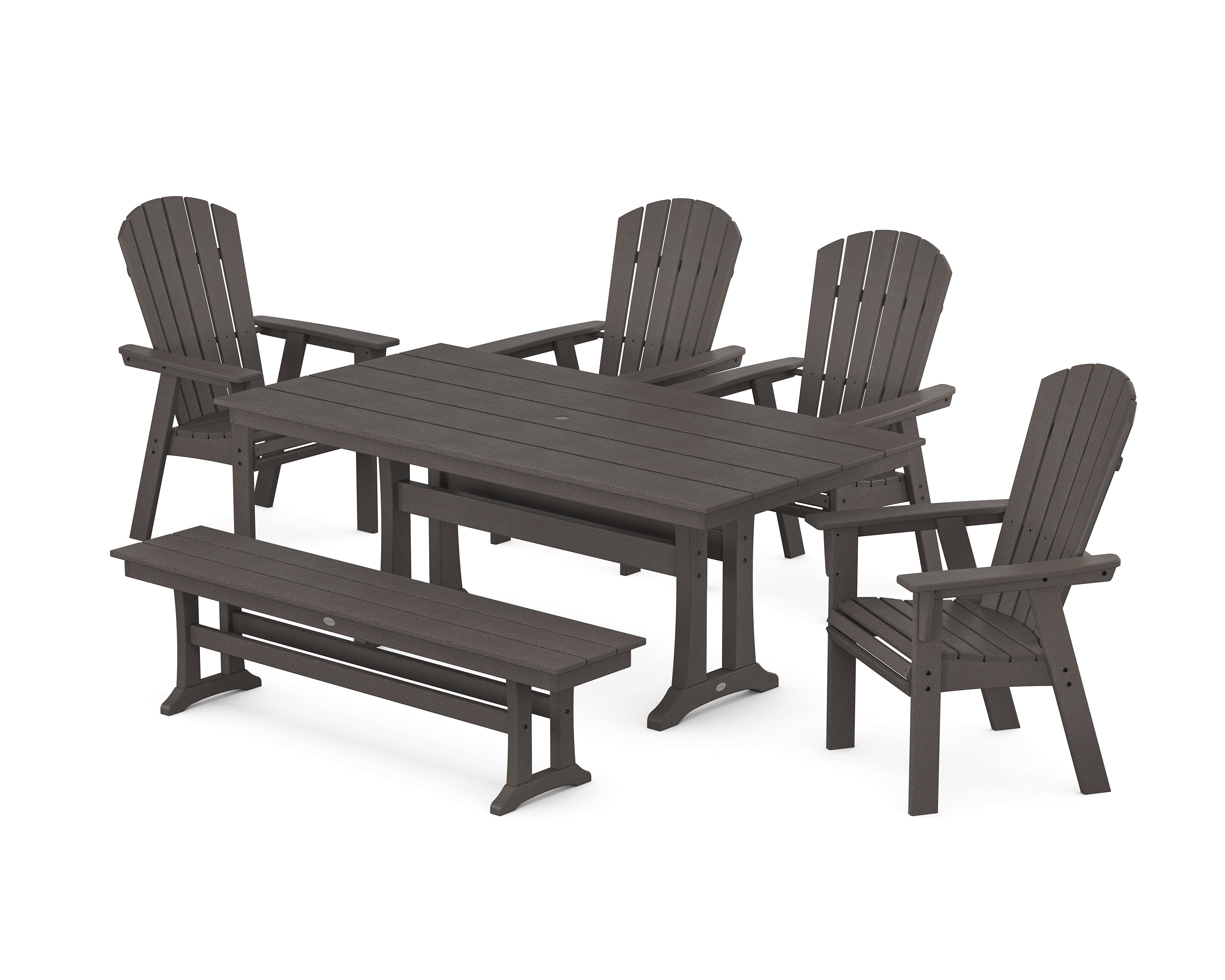 POLYWOOD Nautical Curveback Adirondack 6-Piece Farmhouse Dining Set with Trestle Legs and Bench in Vintage Coffee