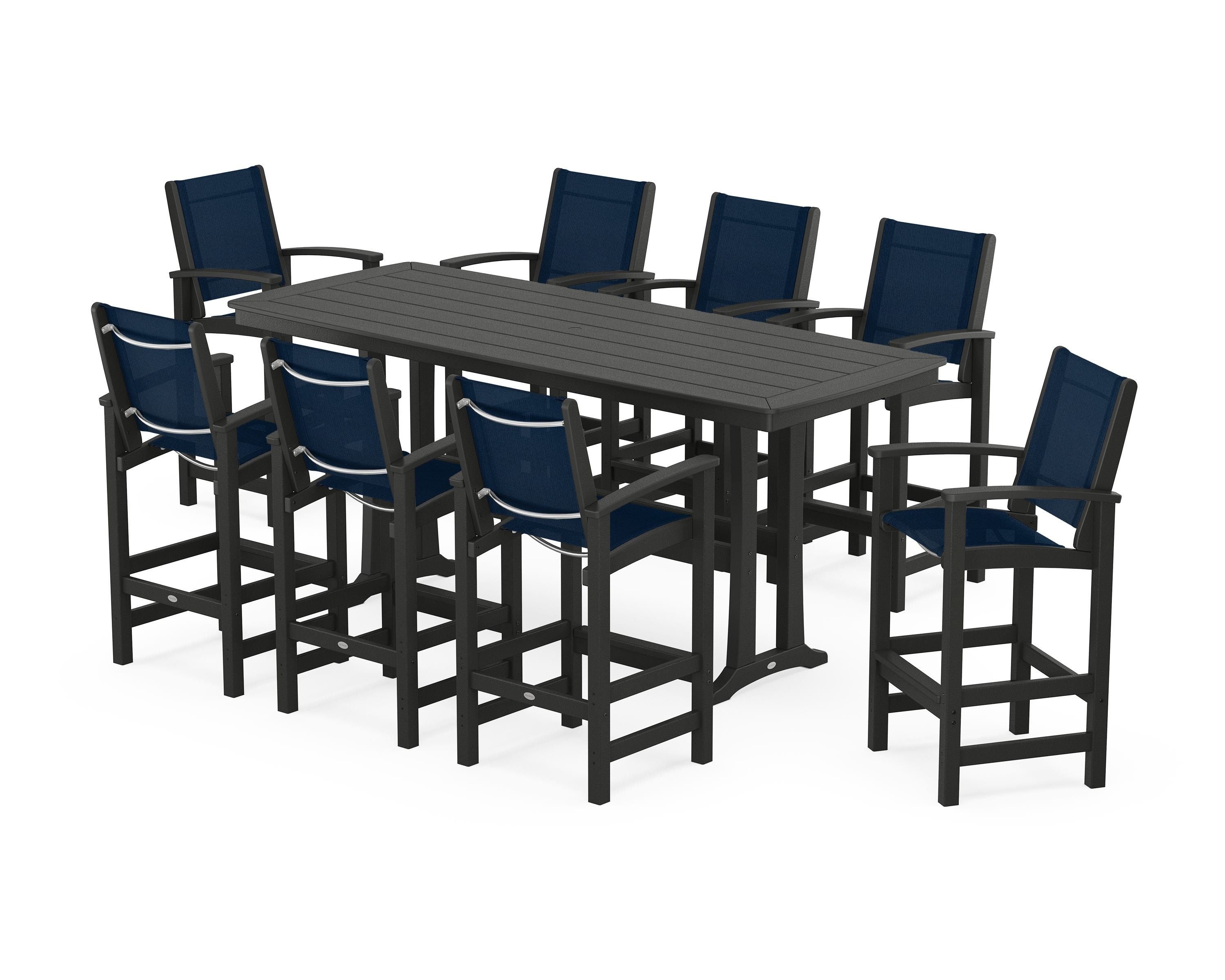 POLYWOOD Coastal 9-Piece Bar Set with Trestle Legs in Black / Navy Blue Sling