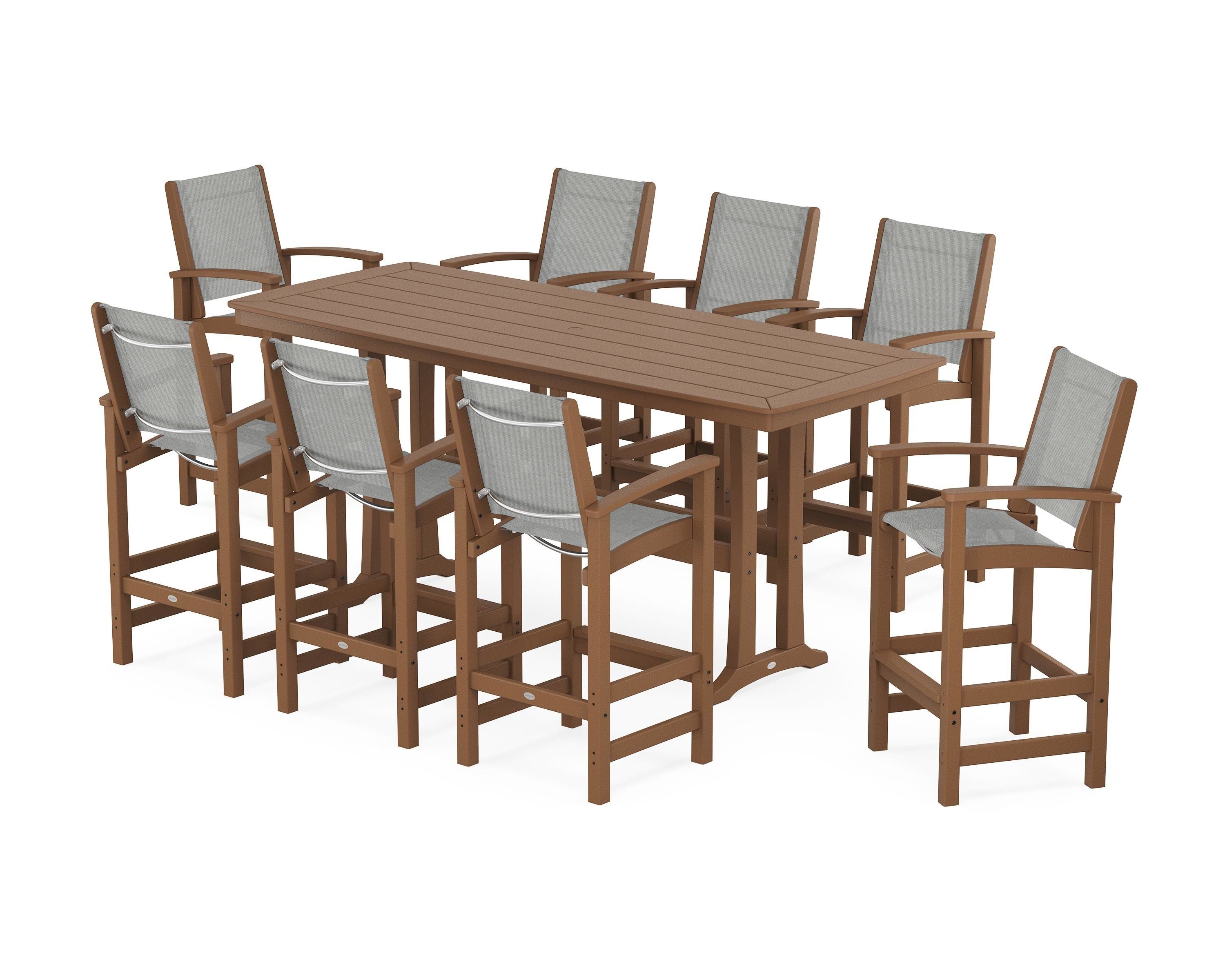 POLYWOOD Coastal 9-Piece Bar Set with Trestle Legs in Teak / Metallic Sling