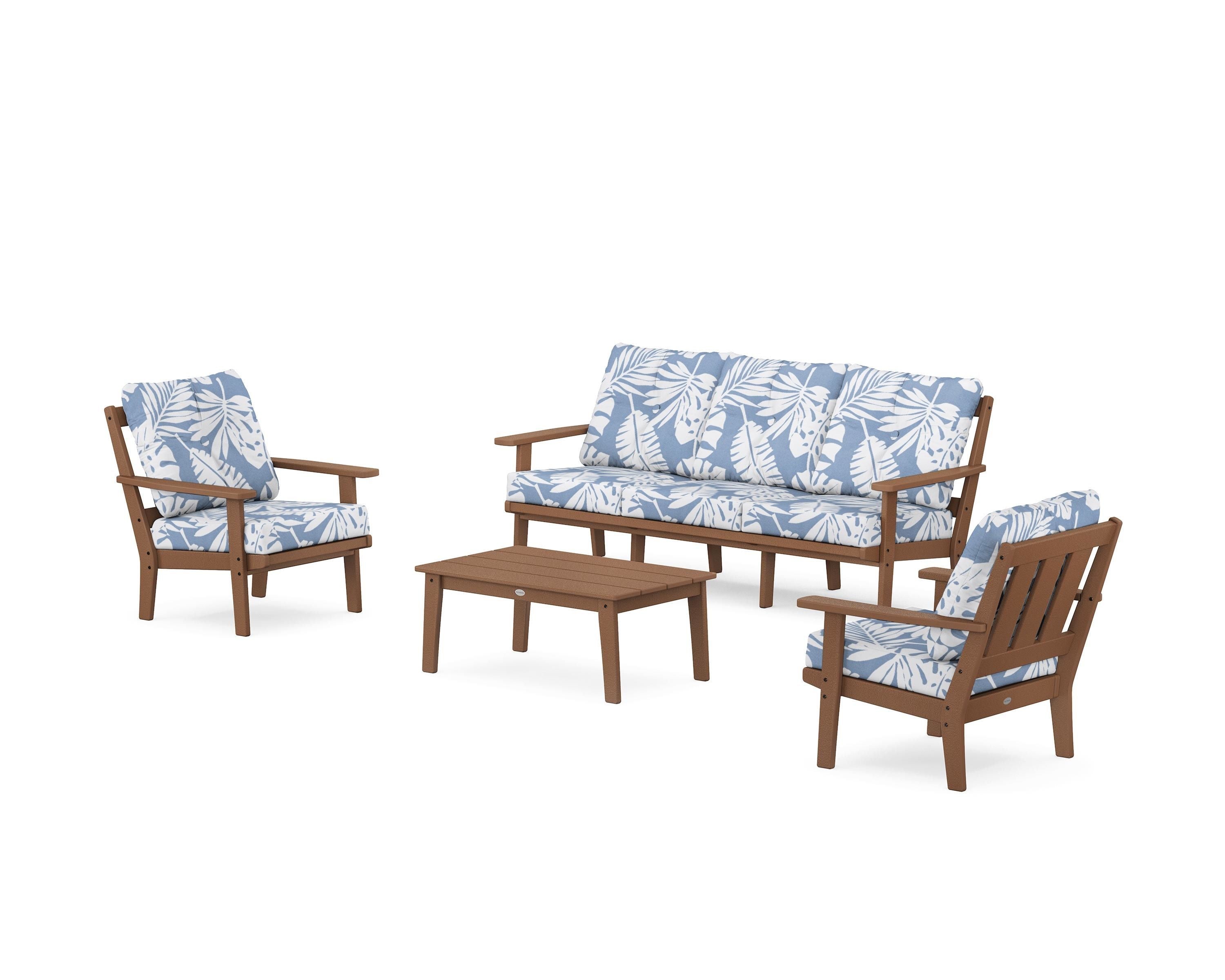 POLYWOOD Oxford 4-Piece Deep Seating Set with Sofa in Teak / Leaf Sky Blue