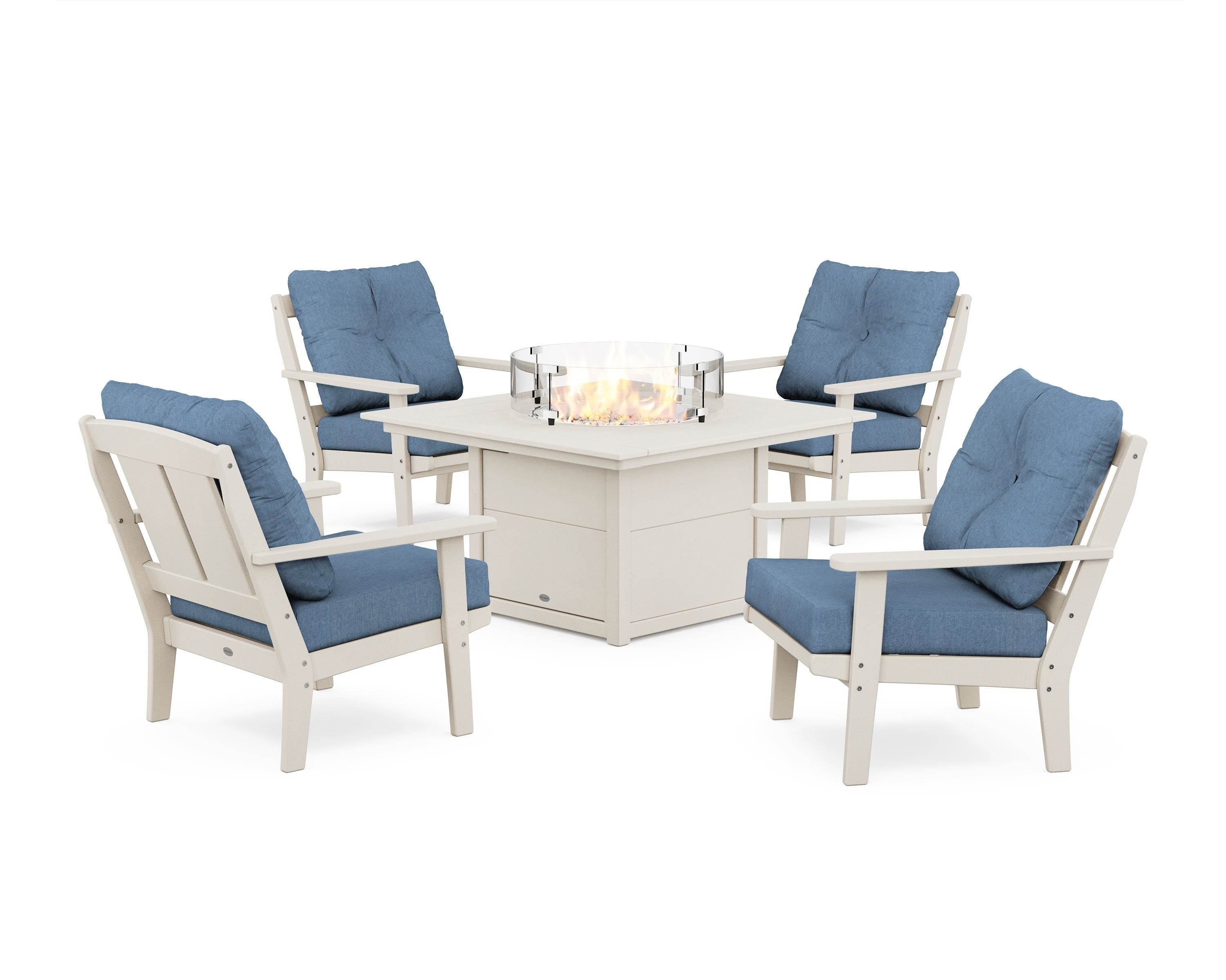 POLYWOOD Mission 5-Piece Deep Seating Set with Fire Pit Table in Sand / Sky Blue