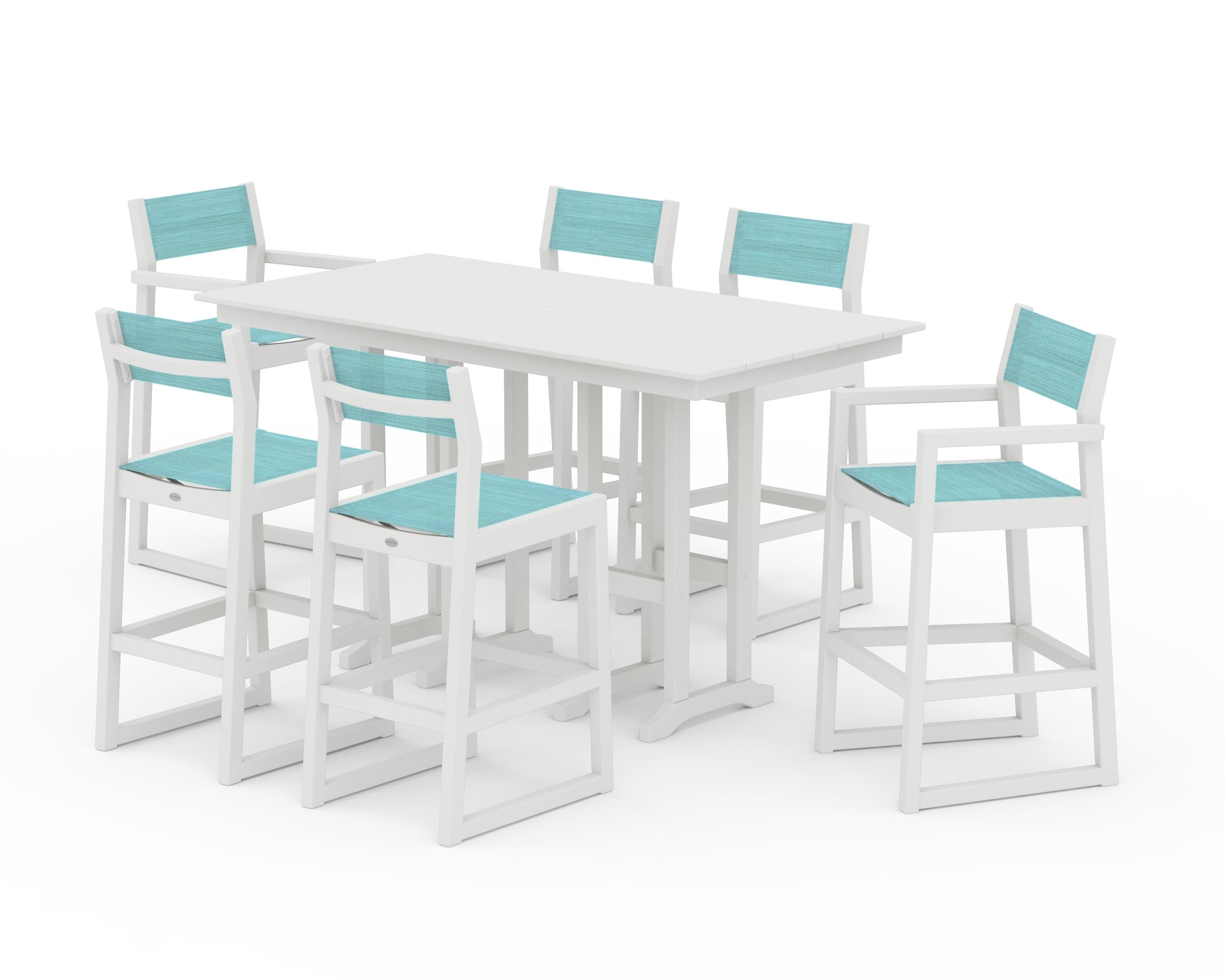 POLYWOOD EDGE Sling 7-Piece Farmhouse Bar Set in White / Dupioni Aquamarine Sling