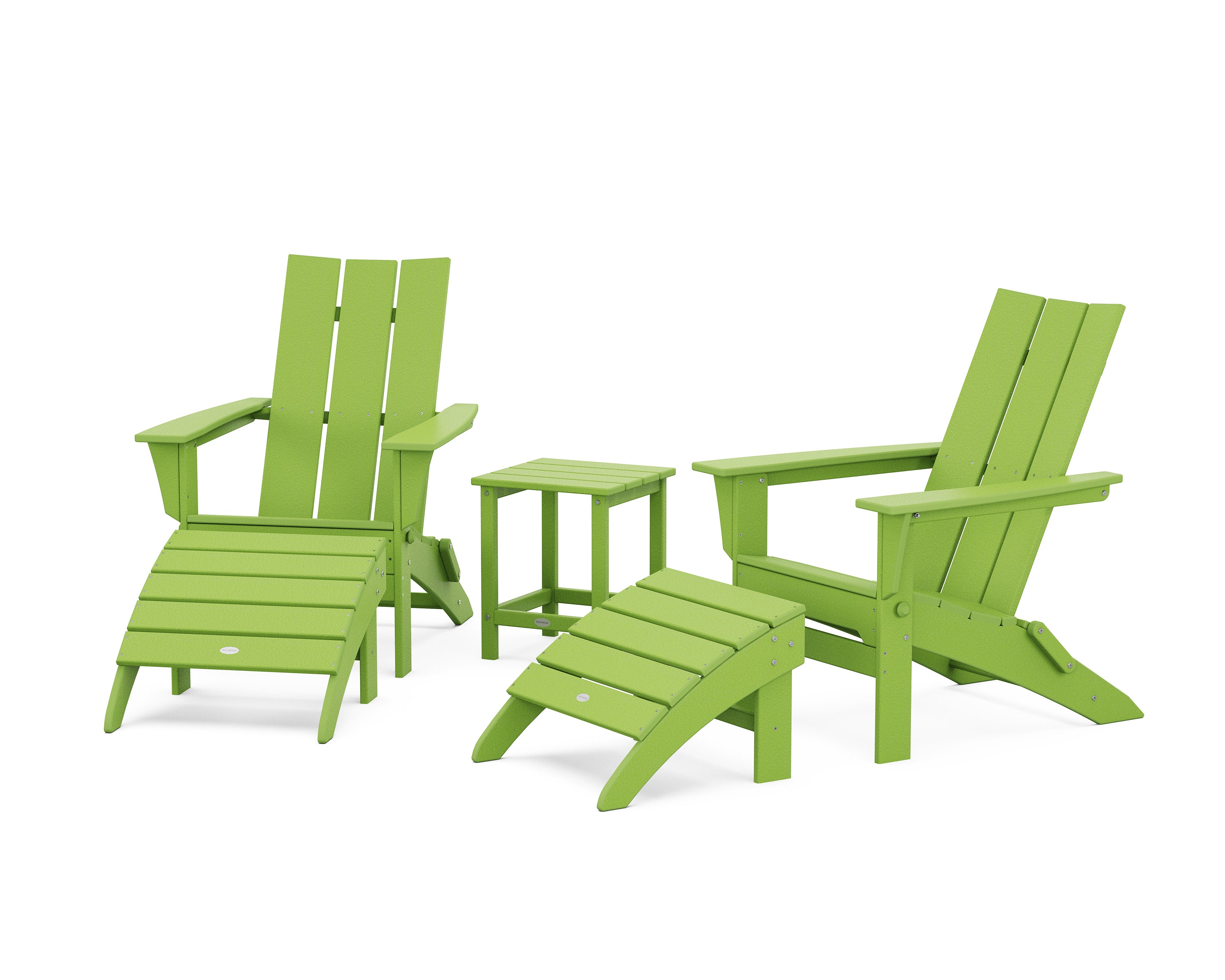 POLYWOOD® Modern Folding Adirondack Chair 5-Piece Set with Ottomans and 18" Side Table in Lime