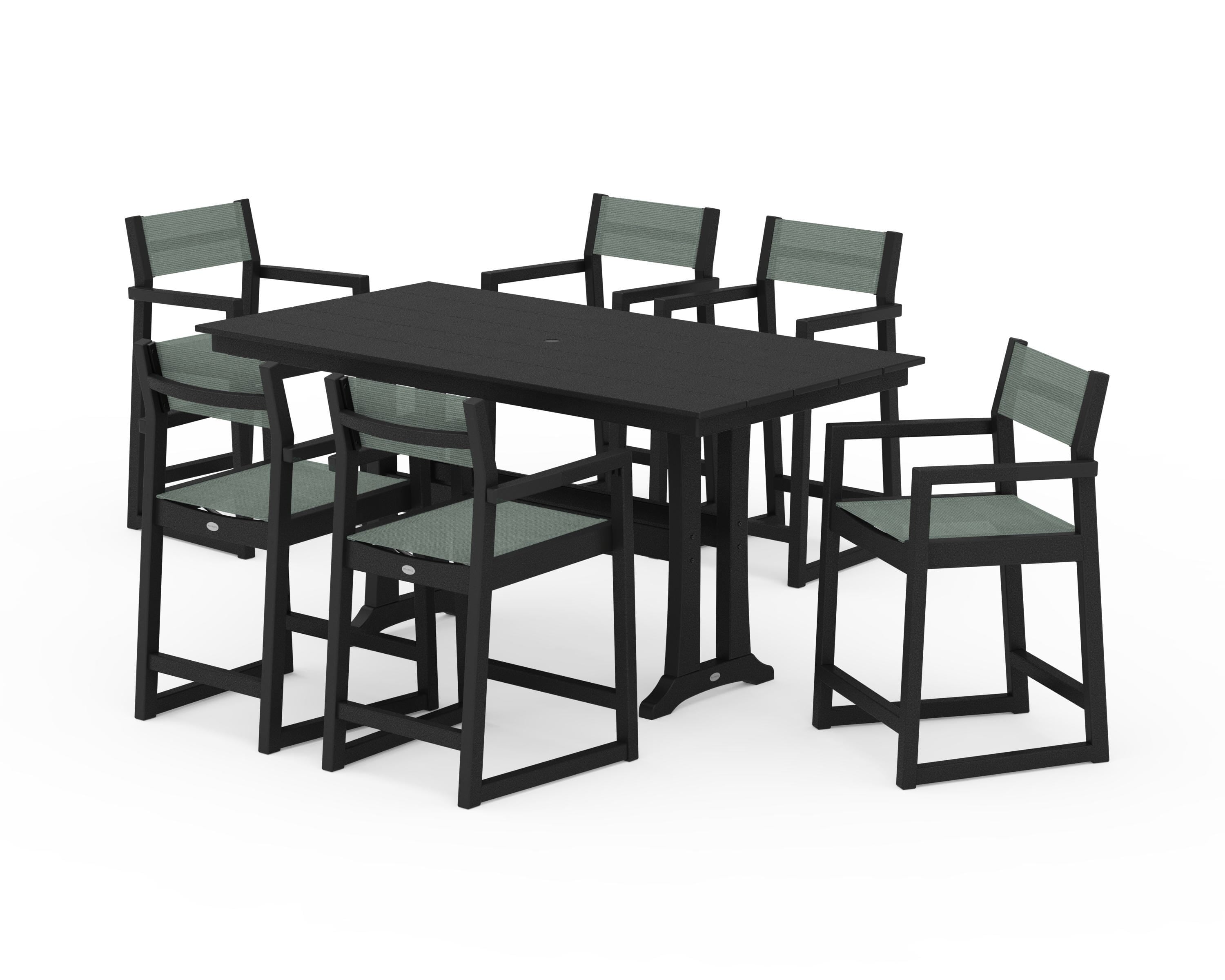 POLYWOOD EDGE Sling Arm Chair 7-Piece Farmhouse Counter Set with Trestle Legs in Black / Dupioni Sea Mist Sling