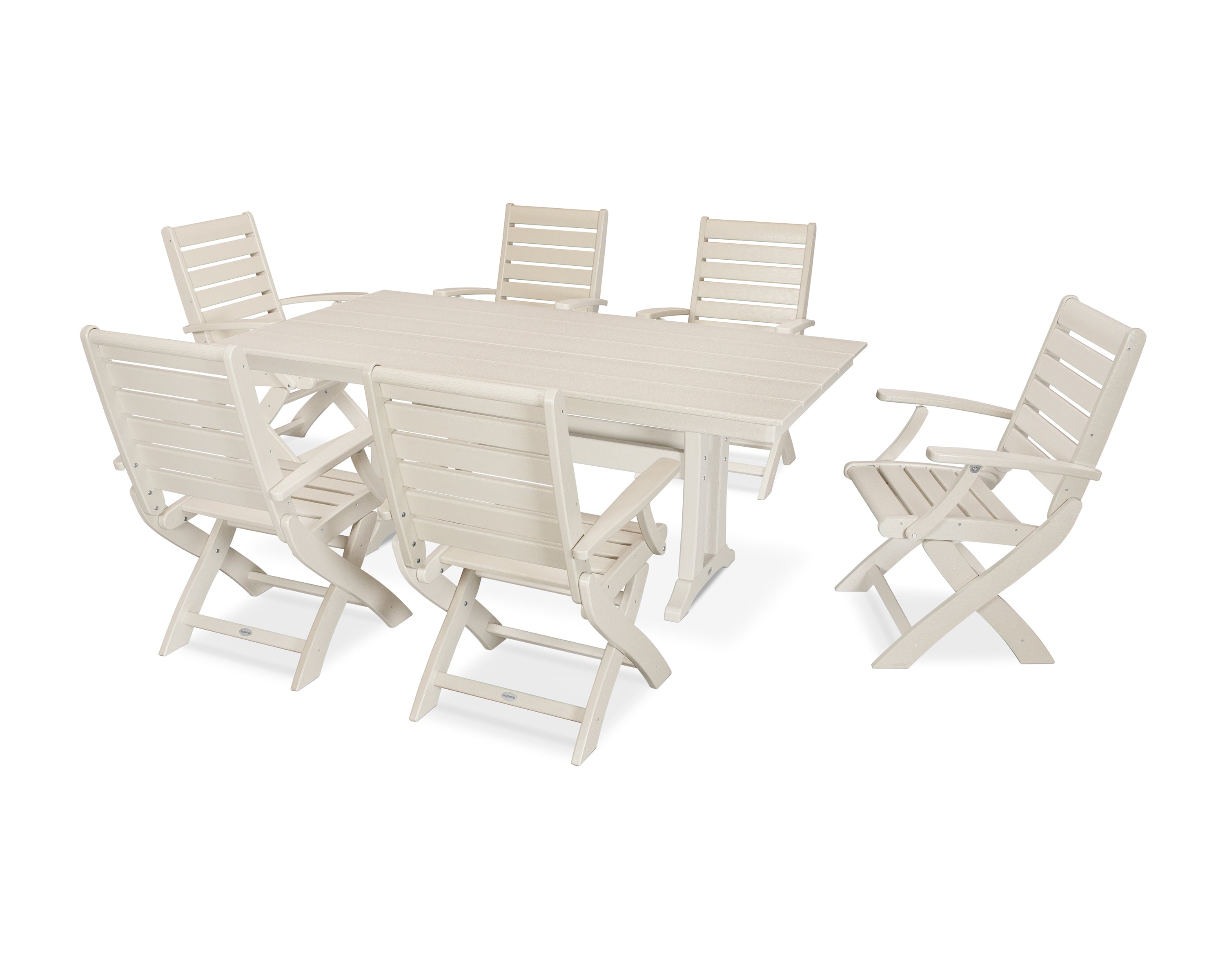 POLYWOOD® Signature Folding Chair 7-Piece Farmhouse Dining Set with Trestle Legs in Sand