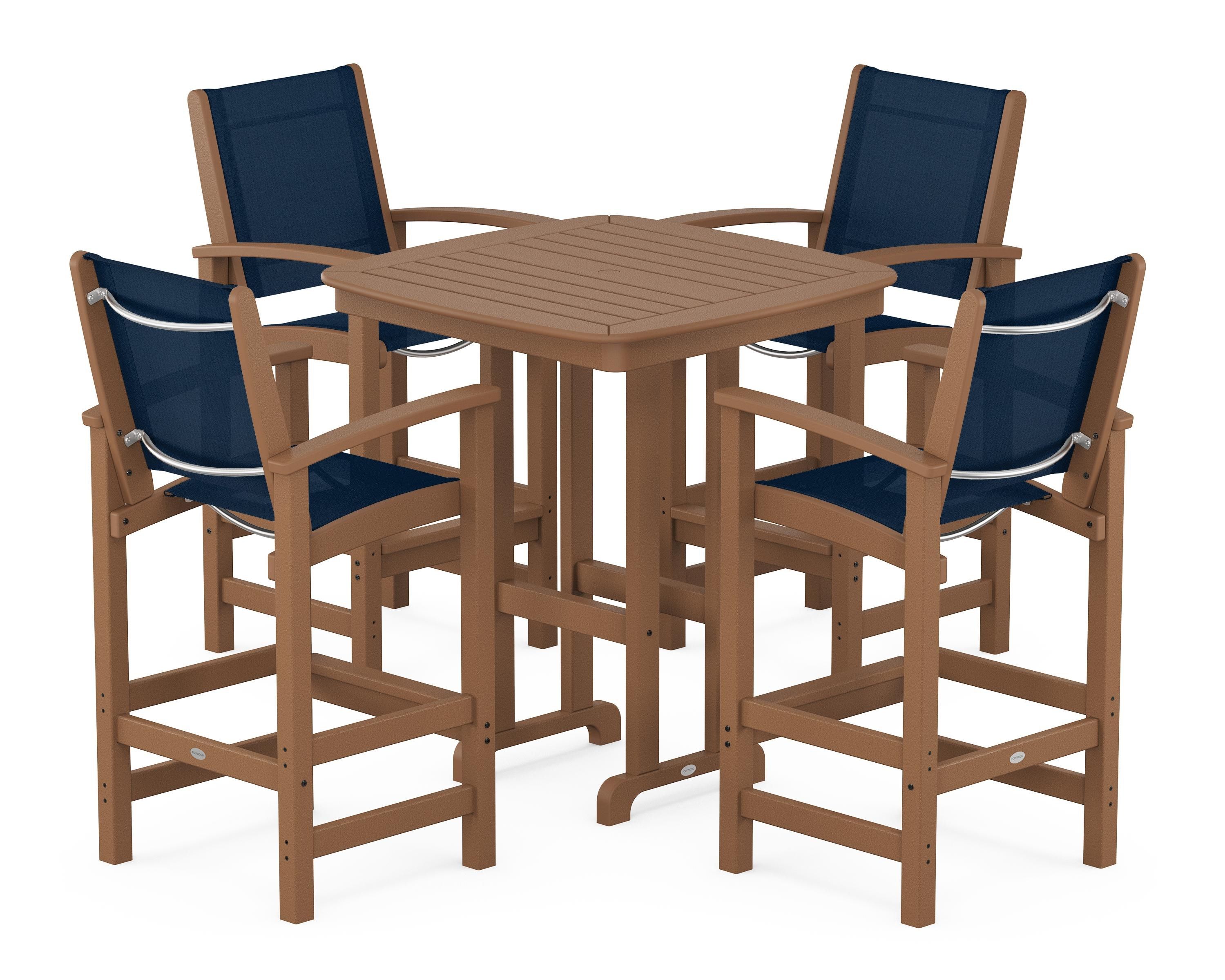 POLYWOOD Coastal 5-Piece Bar Set in Teak / Navy Blue Sling