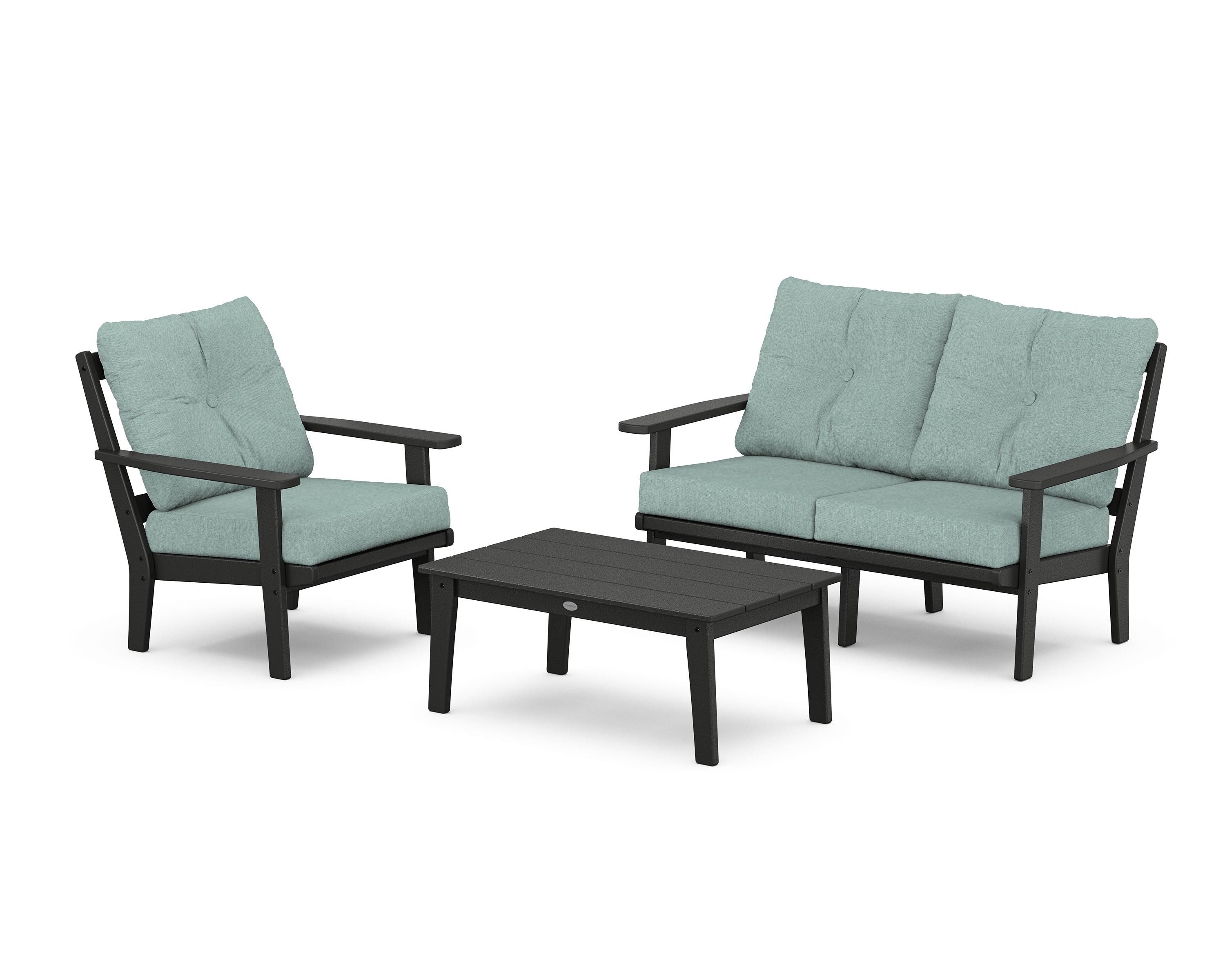 POLYWOOD Prairie 3-Piece Deep Seating Set with Loveseat in Black / Glacier Spa