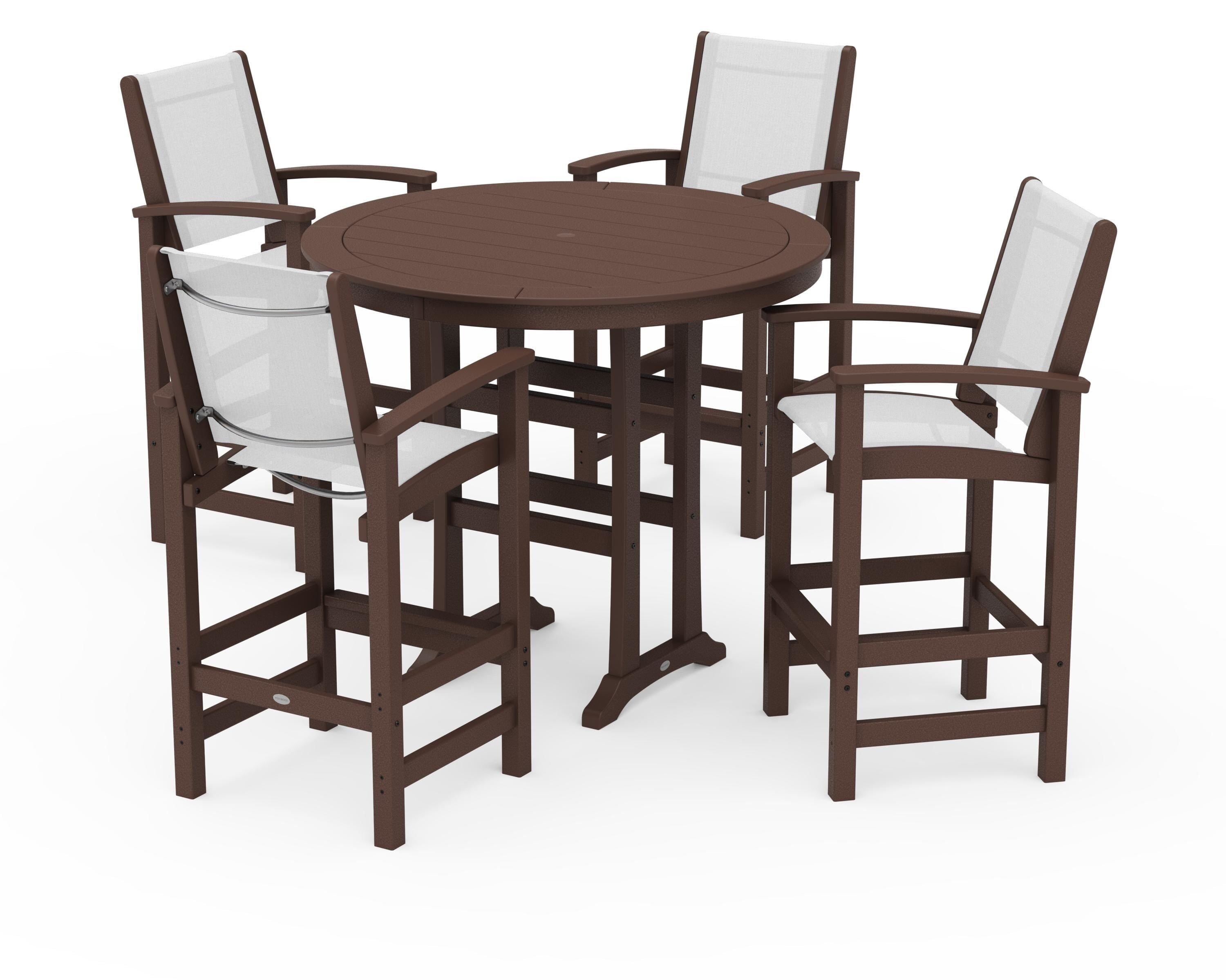 POLYWOOD Coastal 5-Piece Nautical Trestle Bar Set in Mahogany / White Sling