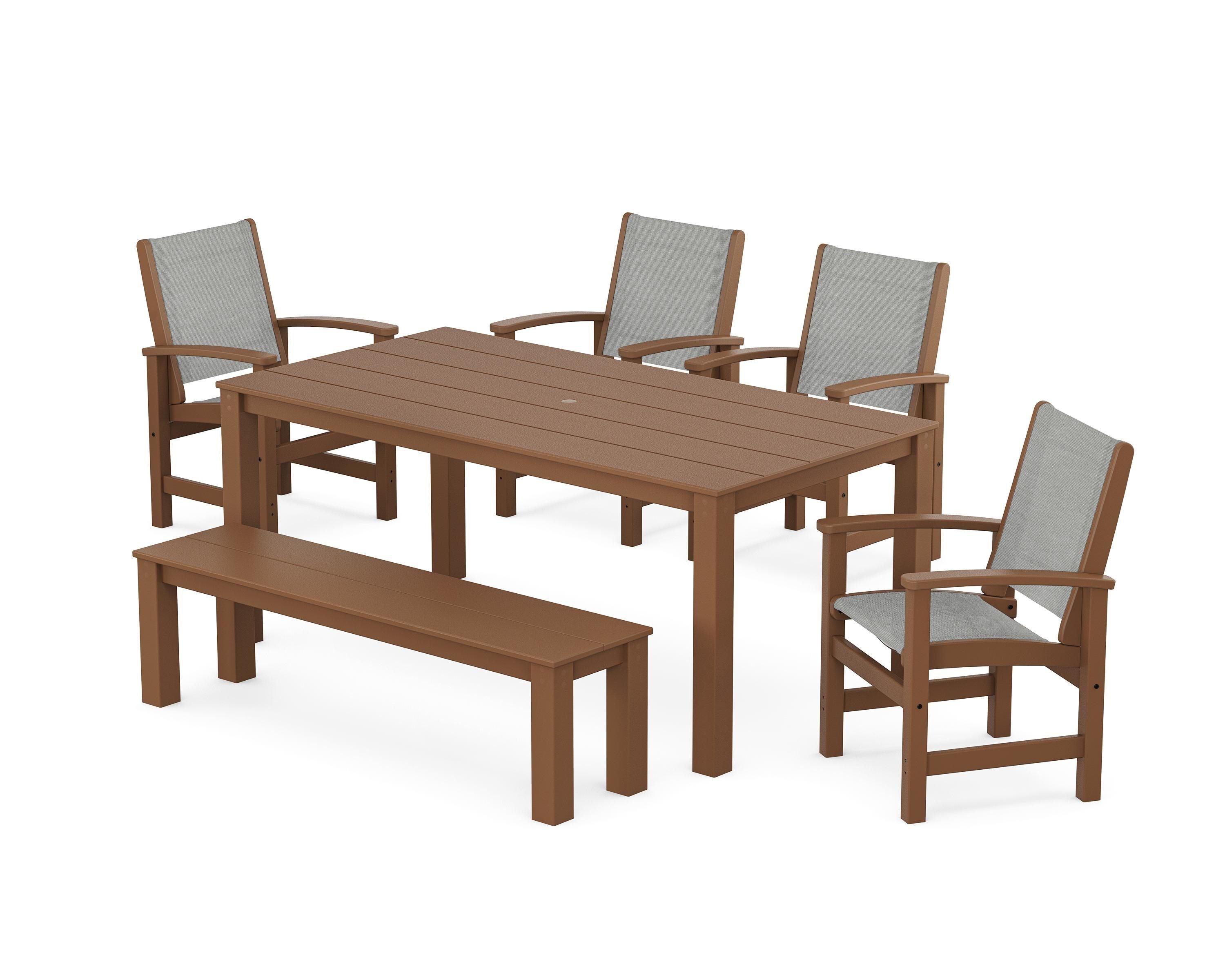 POLYWOOD Coastal 6-Piece Parsons Dining Set with Bench in Teak / Metallic Sling