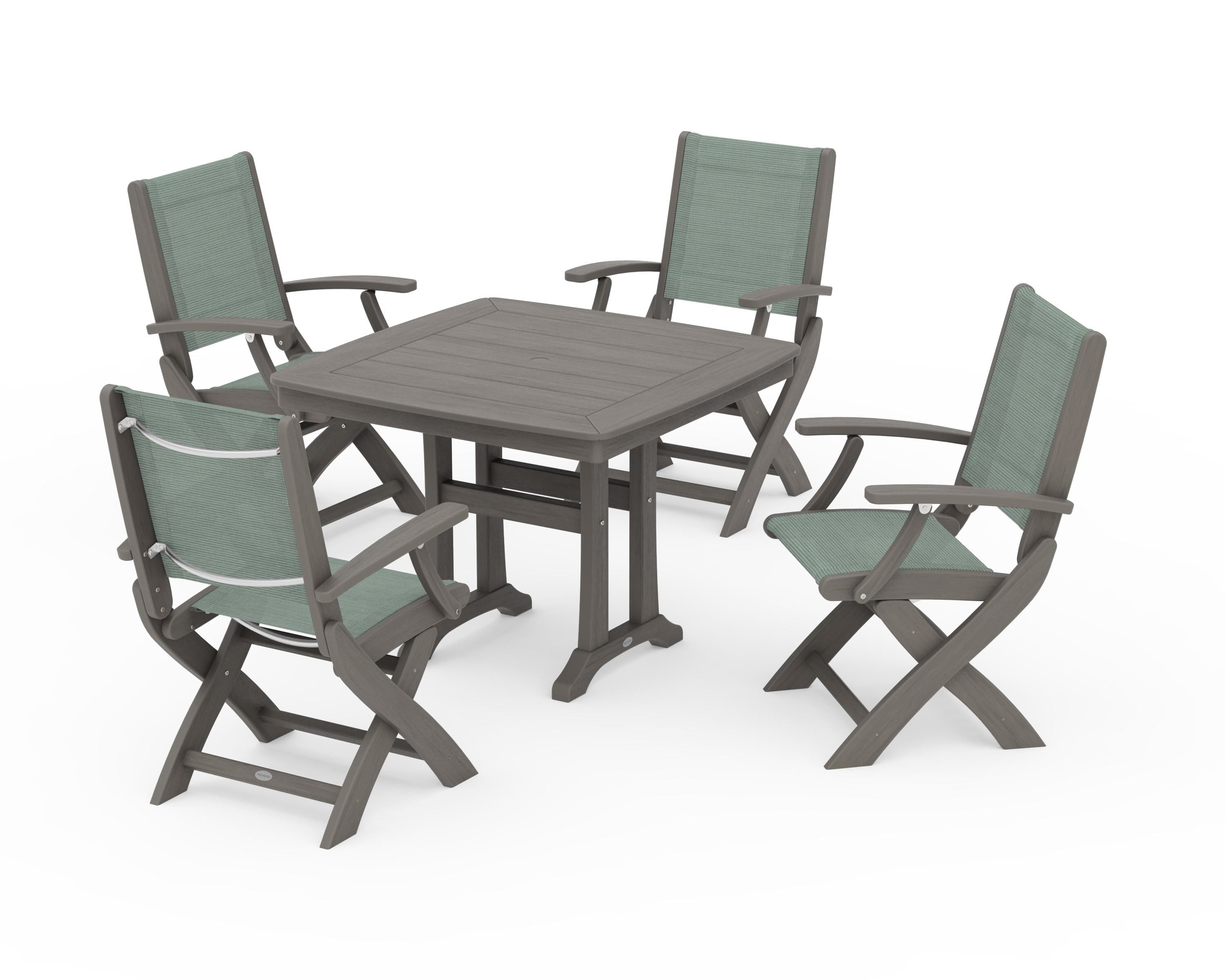 POLYWOOD Coastal Folding Chair 5-Piece Dining Set with Trestle Legs in Driftwood / Dupioni Sea Mist Sling