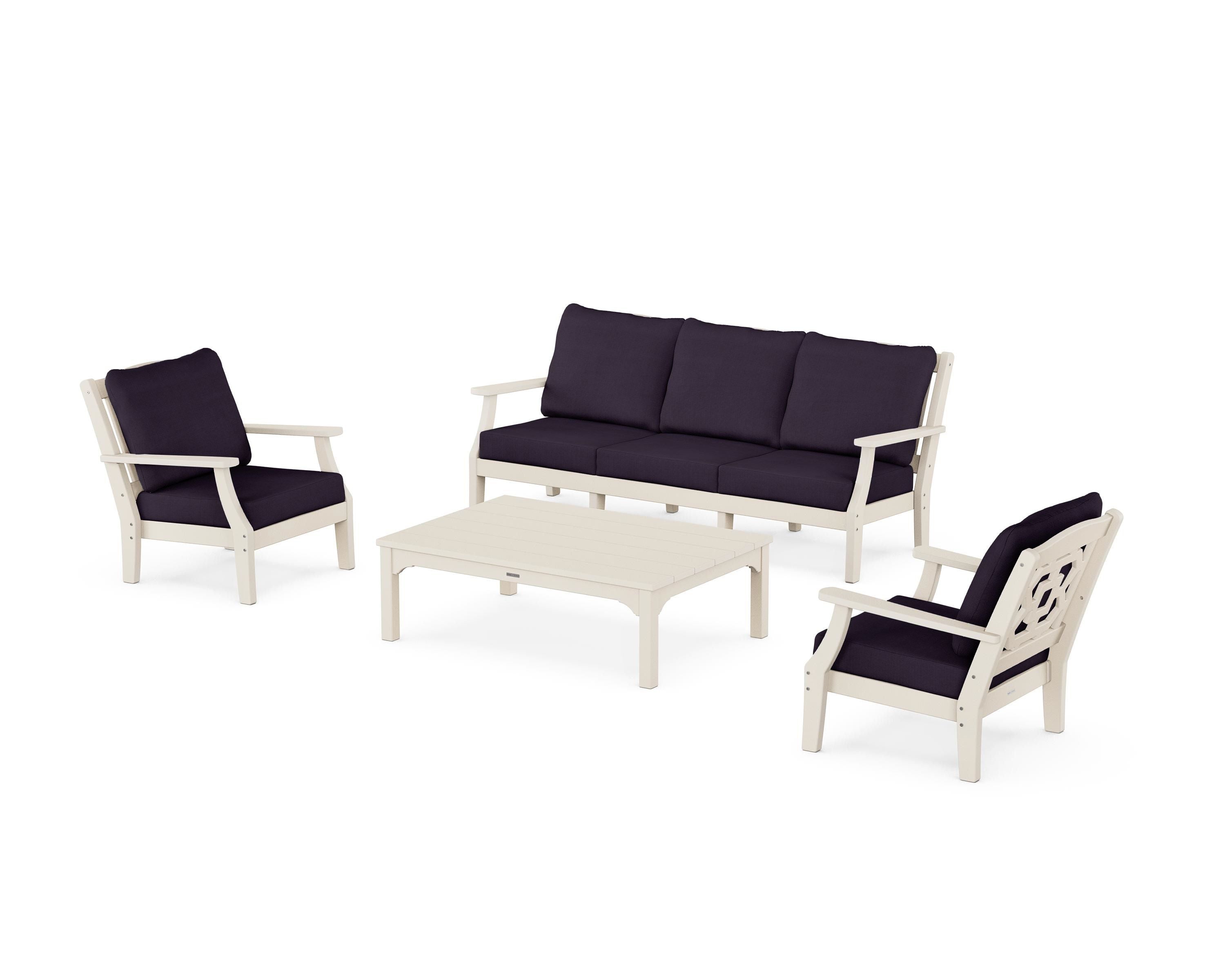Martha Stewart by POLYWOOD Chinoiserie 4-Piece Deep Seating Set with Sofa in Sand / Navy Linen