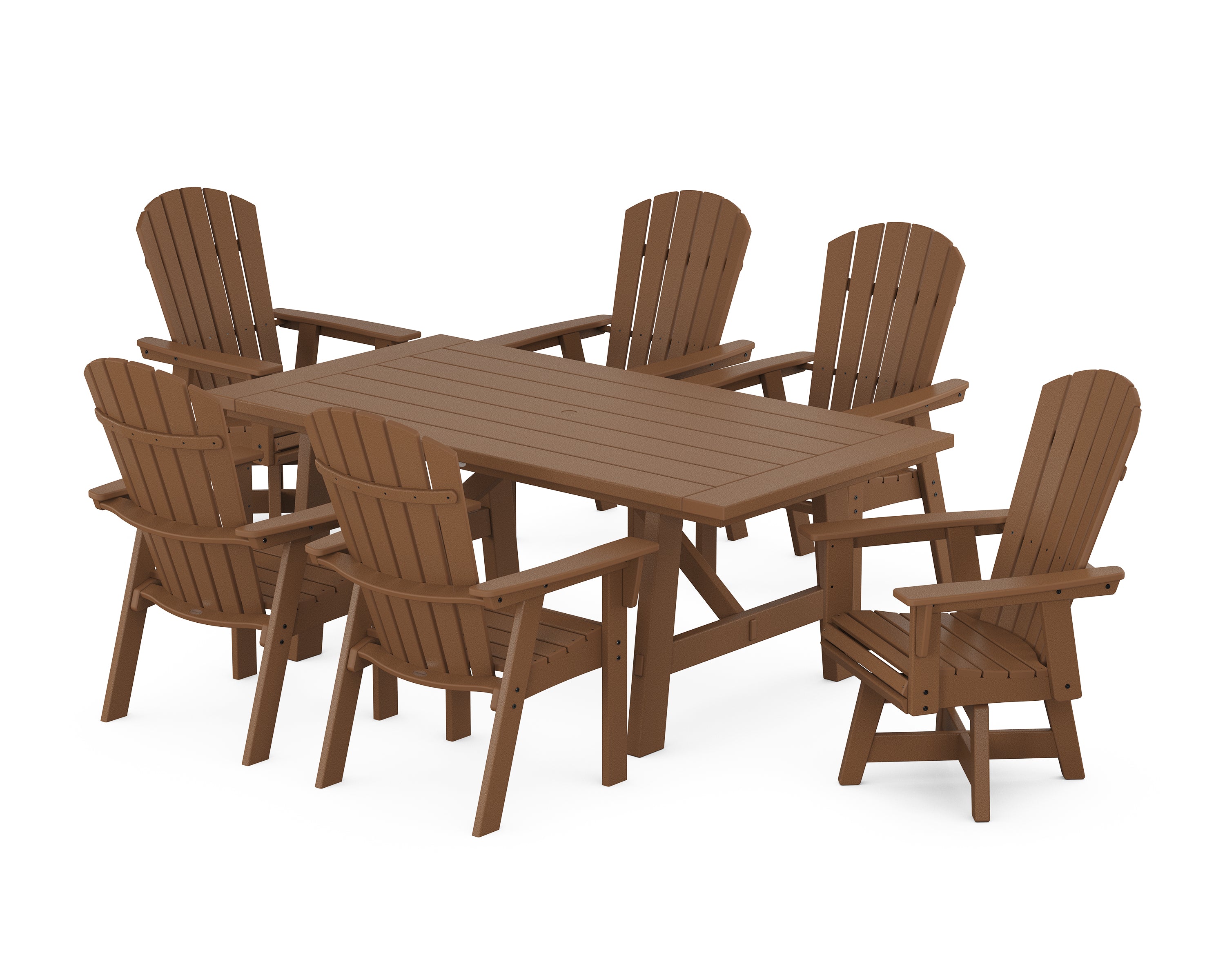 POLYWOOD® Nautical Curveback Adirondack Swivel Chair 7-Piece Rustic Farmhouse Dining Set in Teak