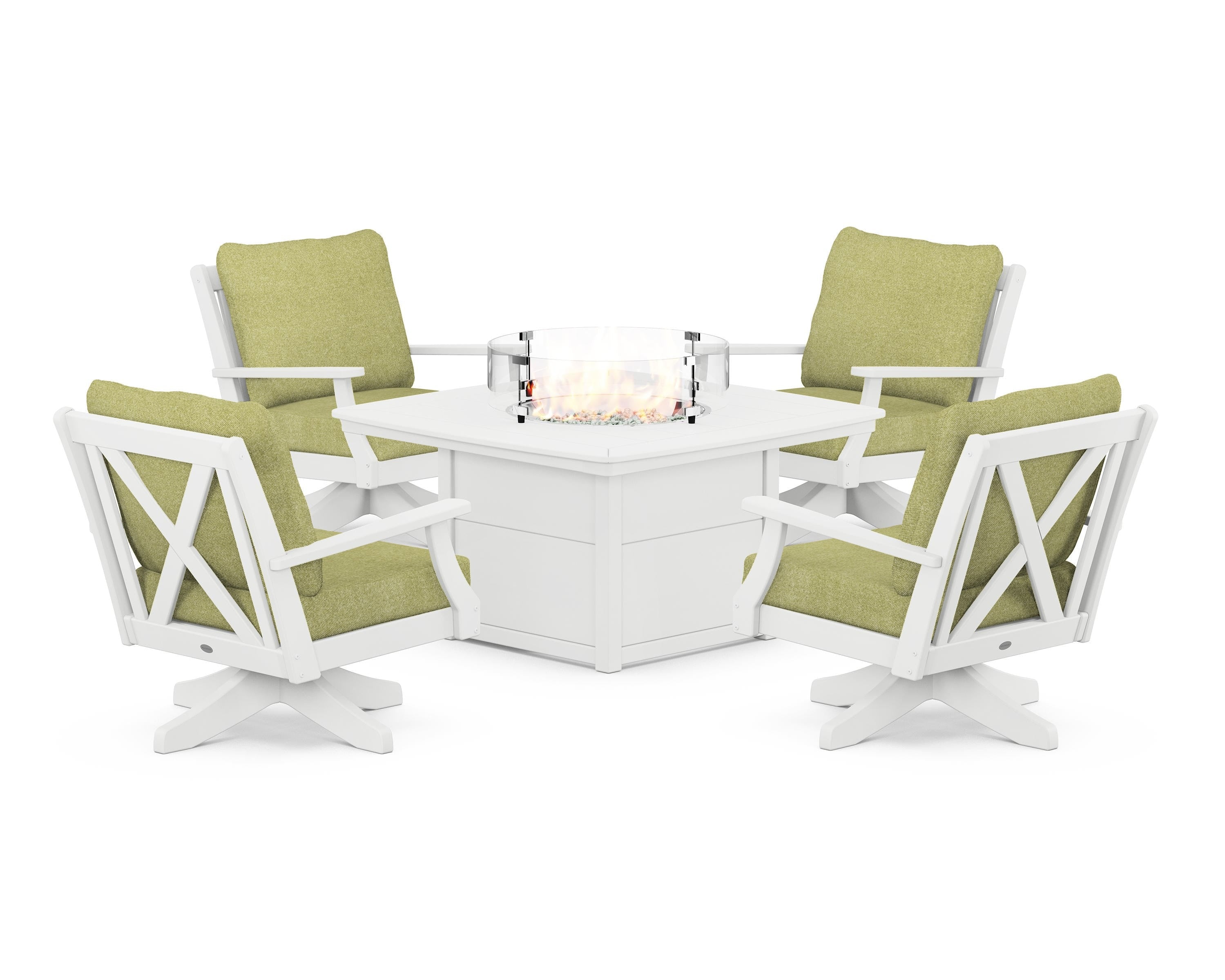 POLYWOOD Braxton 5-Piece Deep Seating Swivel Conversation Set with Fire Pit Table in White / Chartreuse Boucle