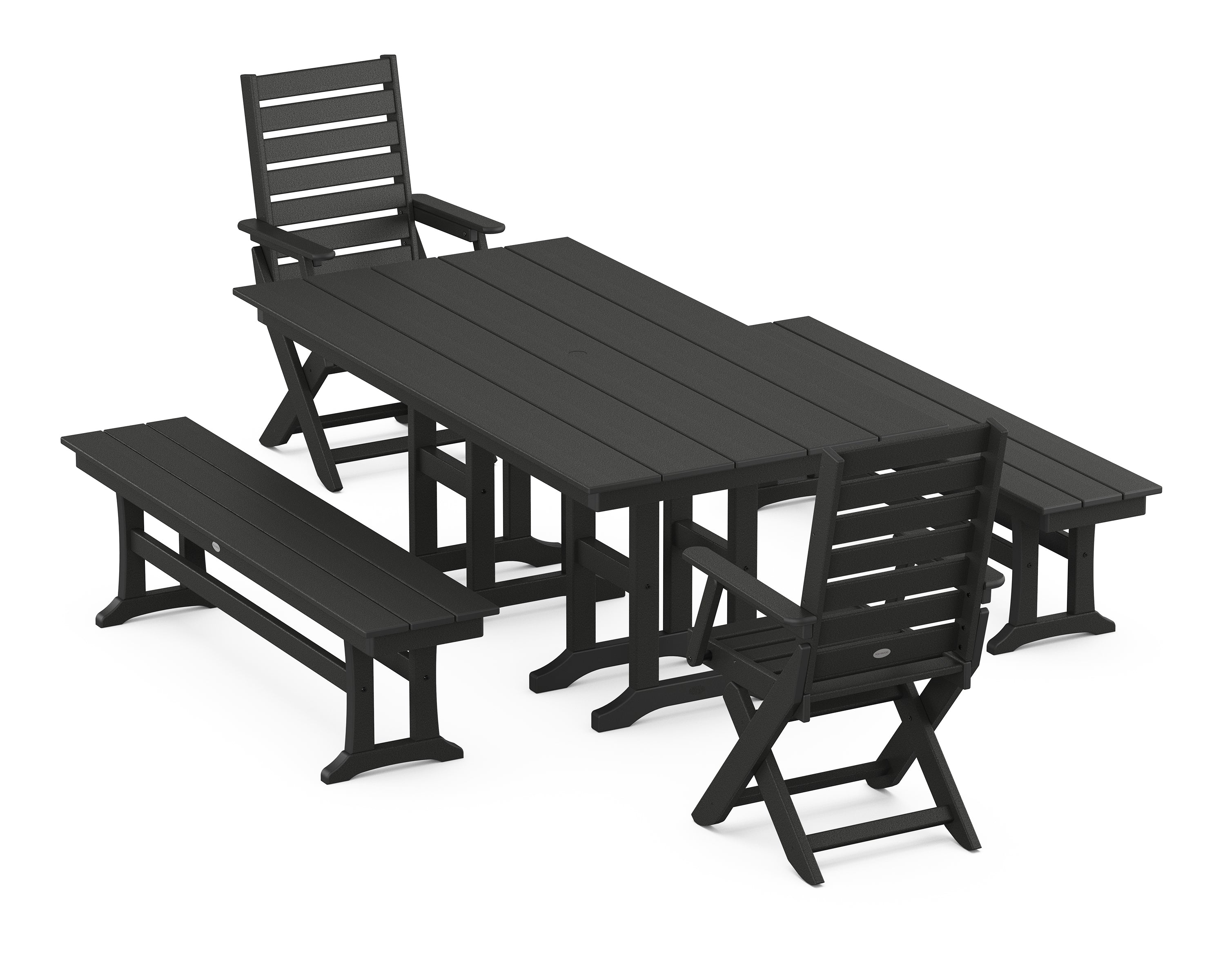 POLYWOOD® Captain Folding Chair 5-Piece Farmhouse Dining Set with Benches in Black