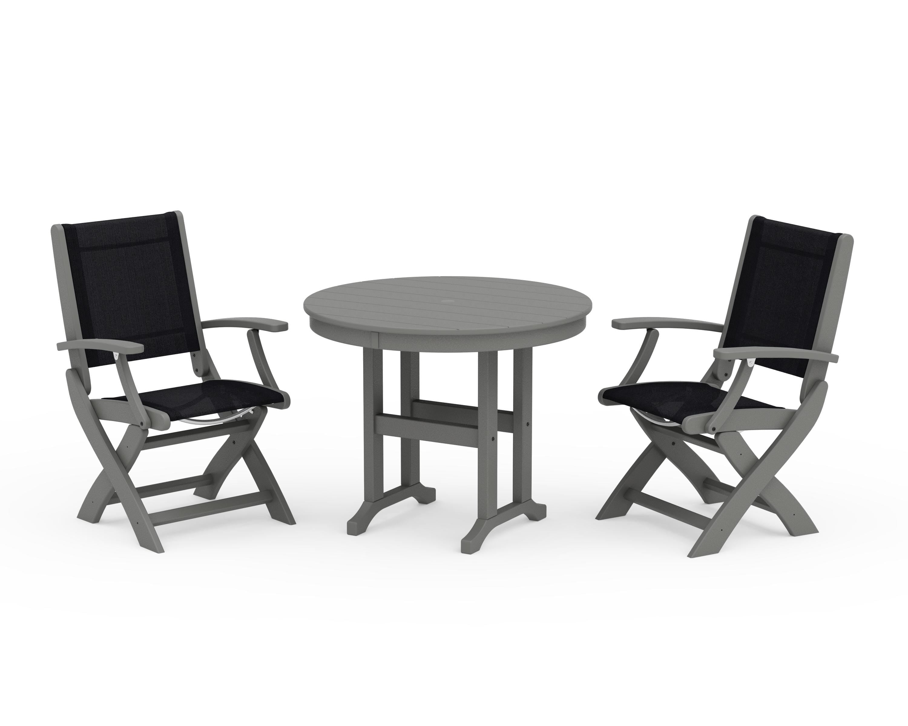 POLYWOOD Coastal Folding Chair 3-Piece Round Dining Set in Slate Grey / Black Sling