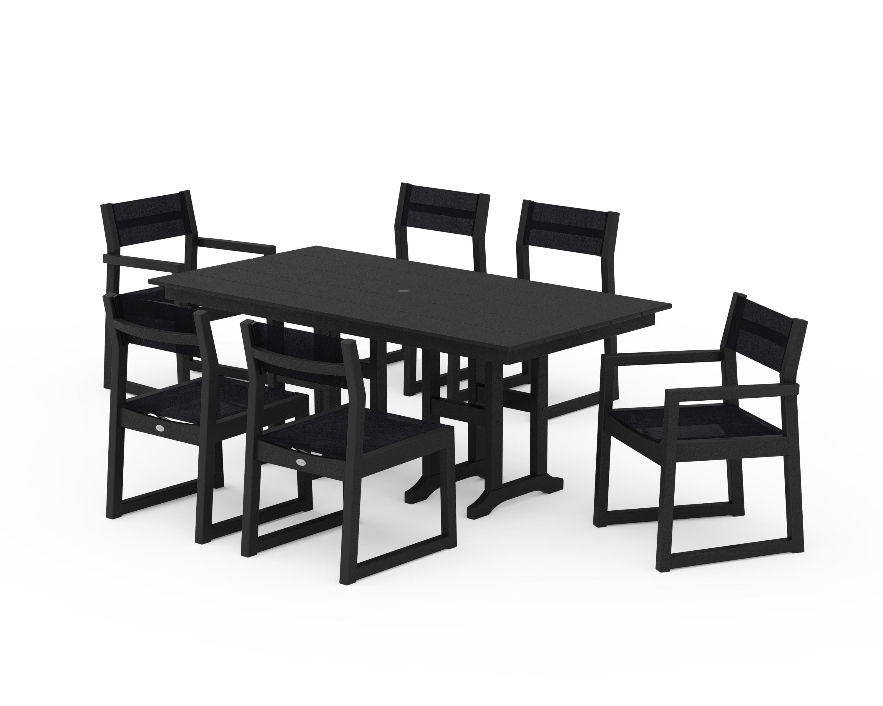 POLYWOOD EDGE Sling 7-Piece Farmhouse Dining Set in Black / Black Sling