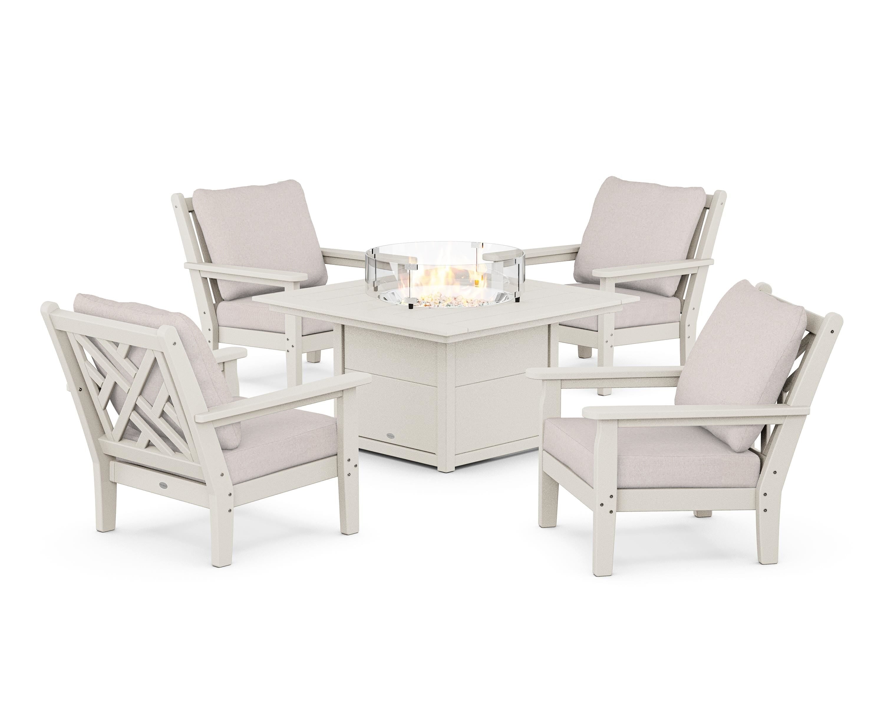 POLYWOOD Chippendale 5-Piece Deep Seating Set with Fire Pit Table in Sand / Dune Burlap
