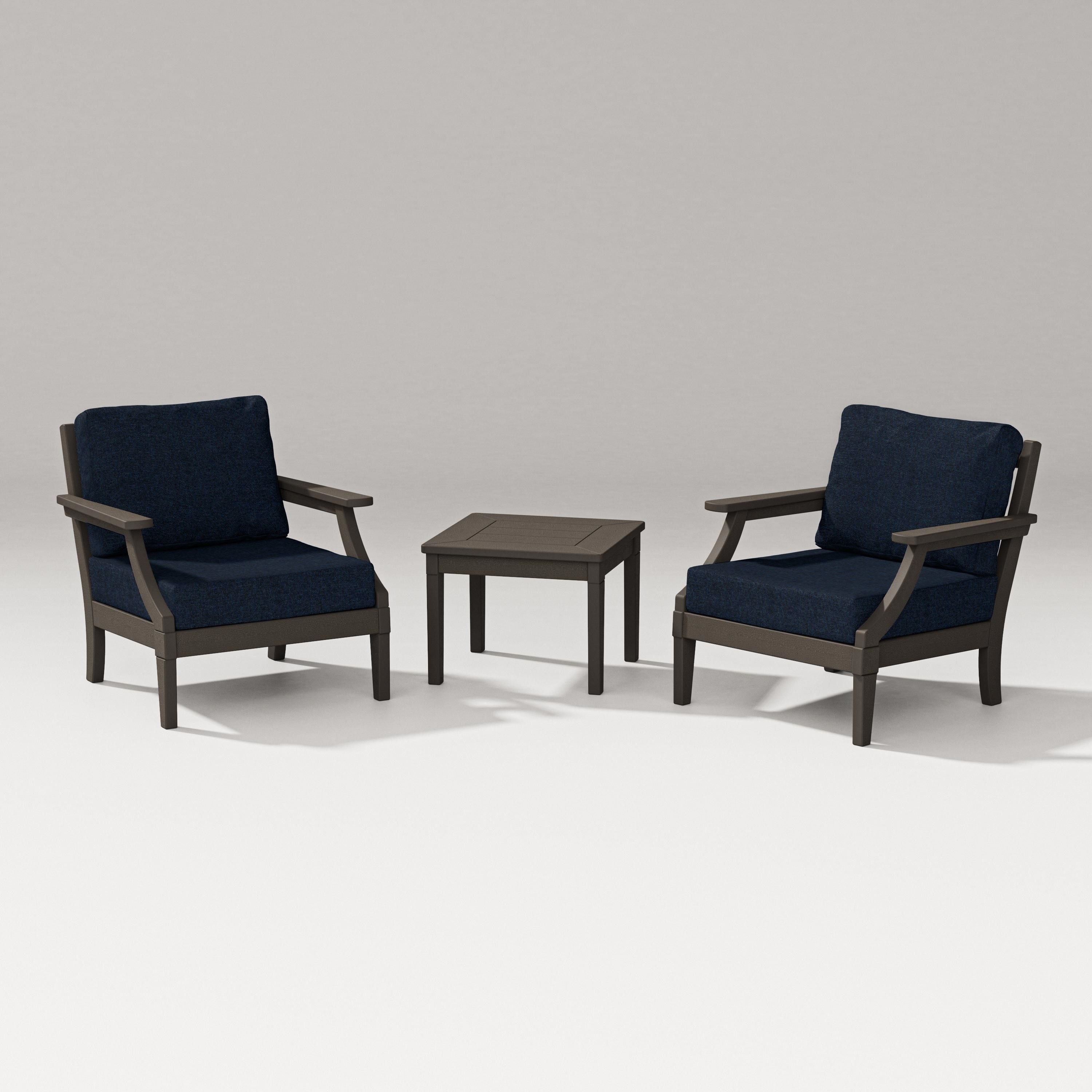 PW Designer Series Estate 3-Piece Lounge Chair Set in Vintage Coffee / Marine Indigo