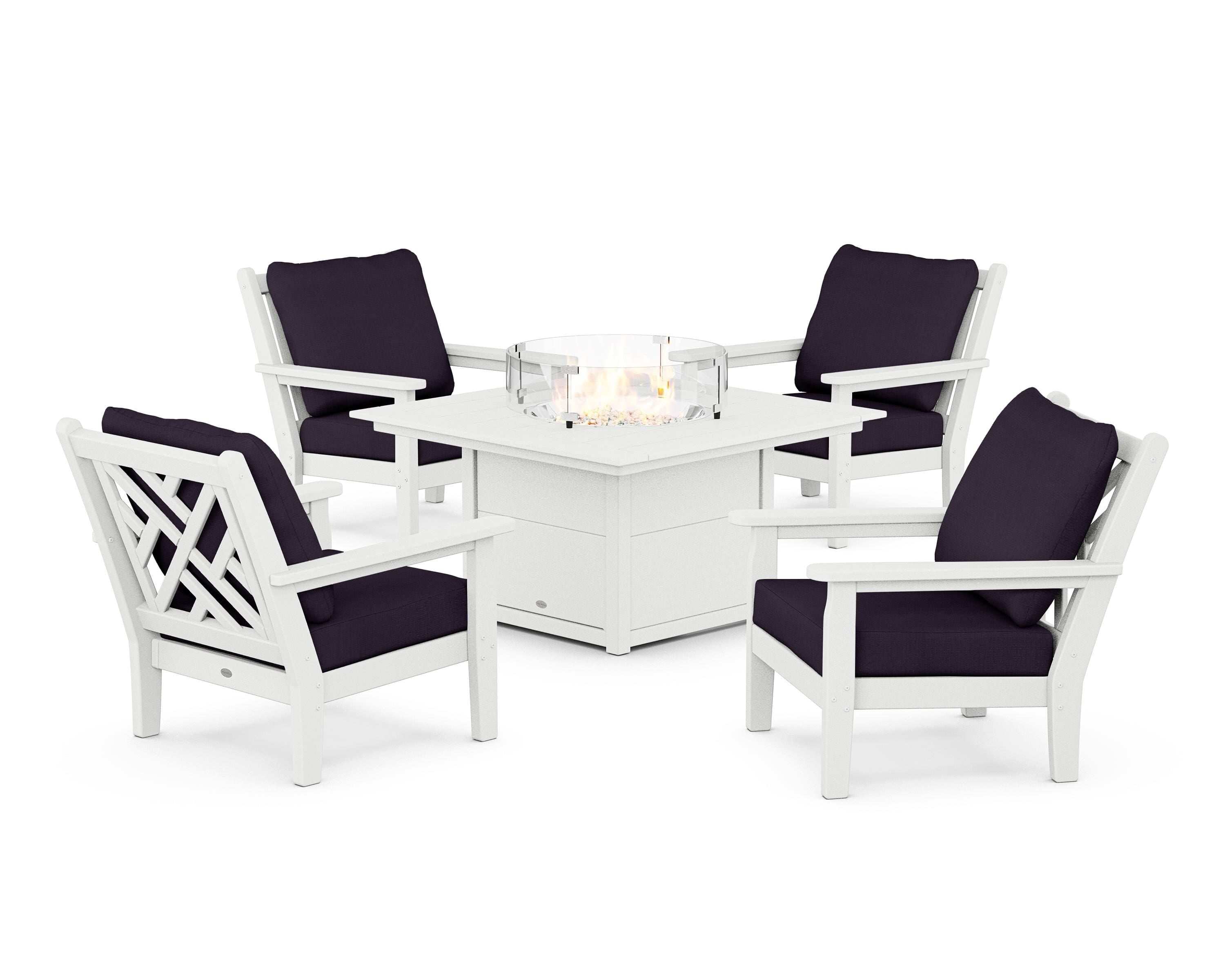 POLYWOOD Chippendale 5-Piece Deep Seating Set with Fire Pit Table in White / Navy Linen