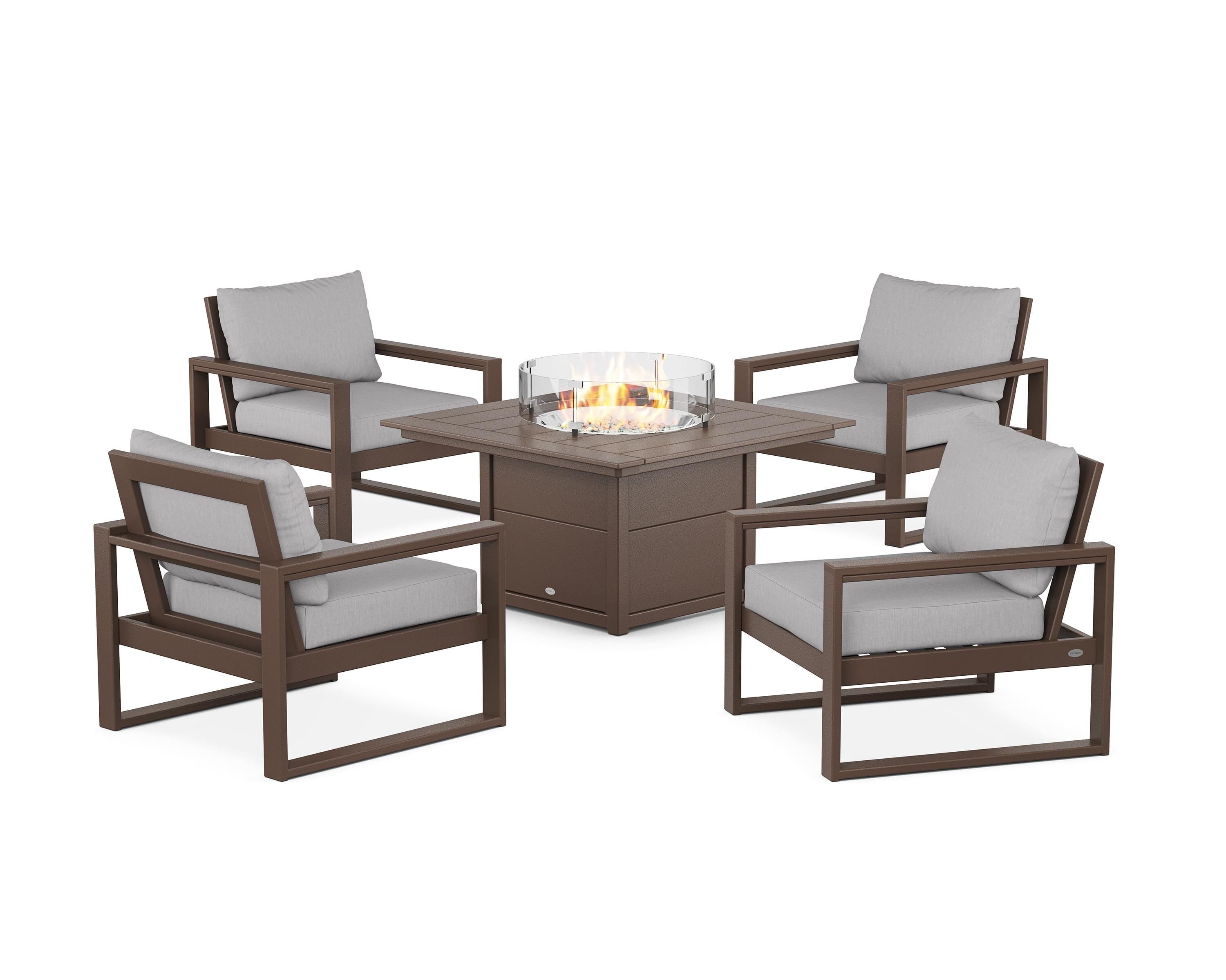 POLYWOOD EDGE Sectional 5-Piece Deep Seating Set with Fire Pit Table in Mahogany / Granite