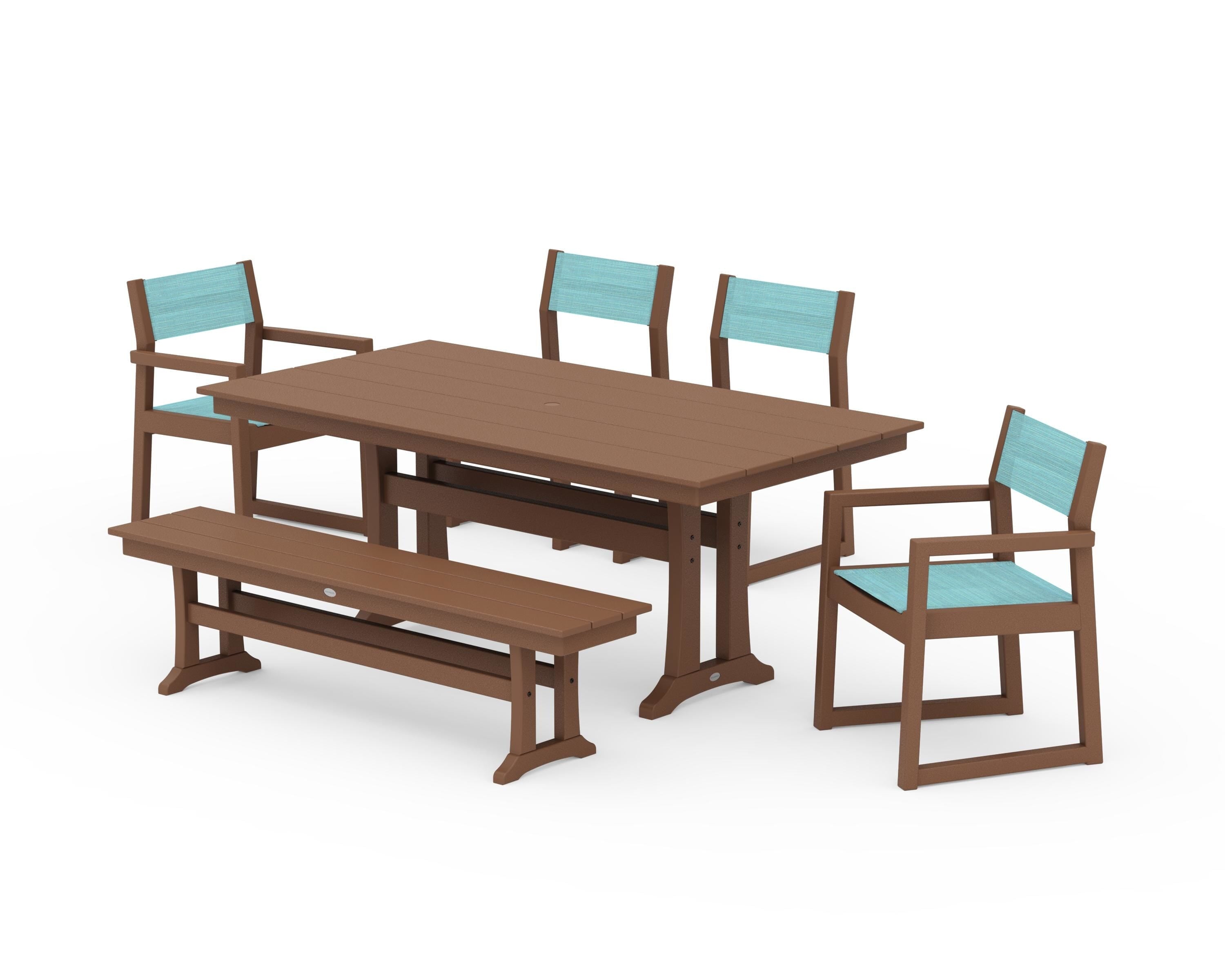 POLYWOOD EDGE Sling 6-Piece Farmhouse Dining Set With Trestle Legs in Teak / Dupioni Aquamarine Sling