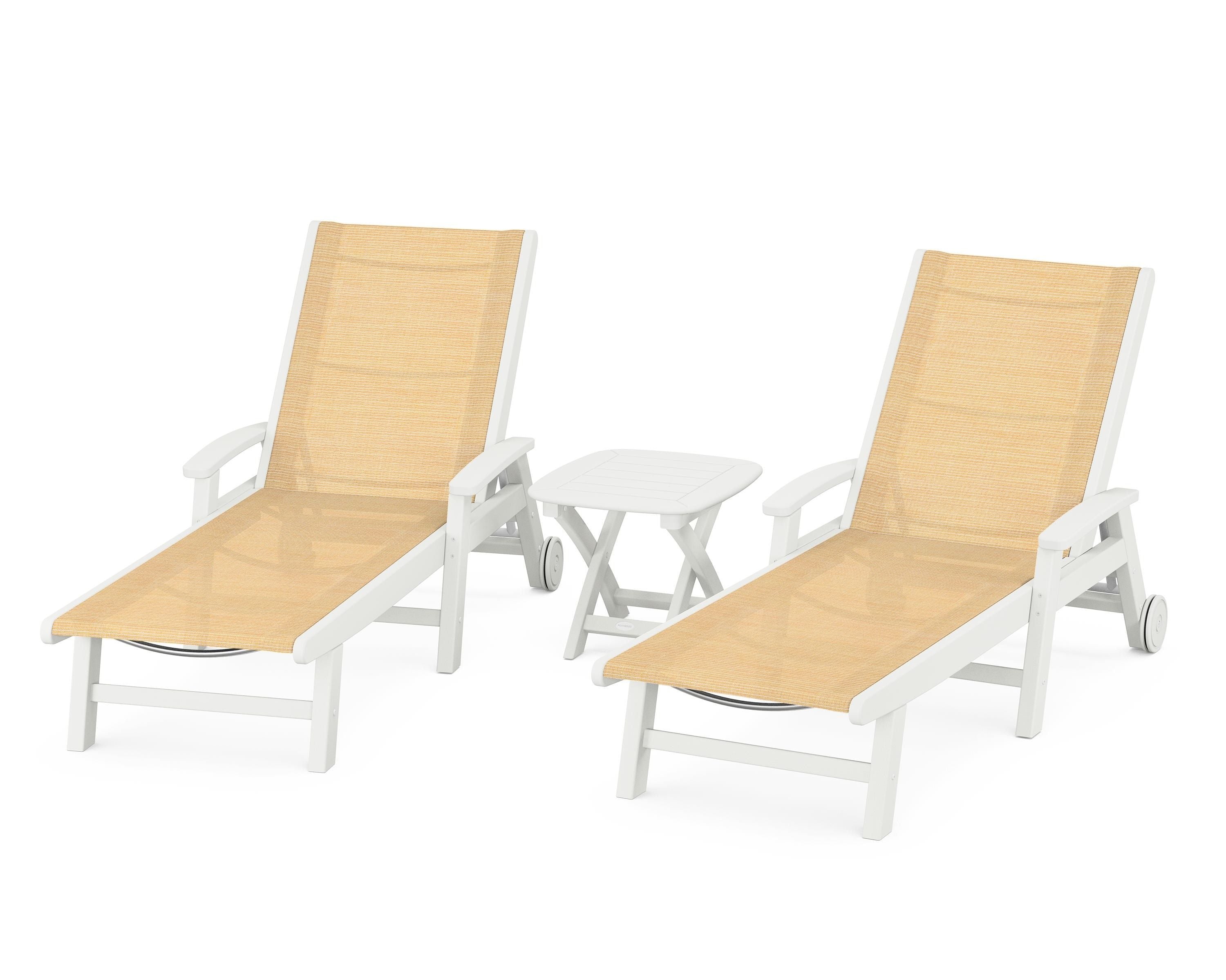 POLYWOOD Coastal 3-Piece Wheeled Chaise Set in Vintage White / Dupioni Apricot Sling