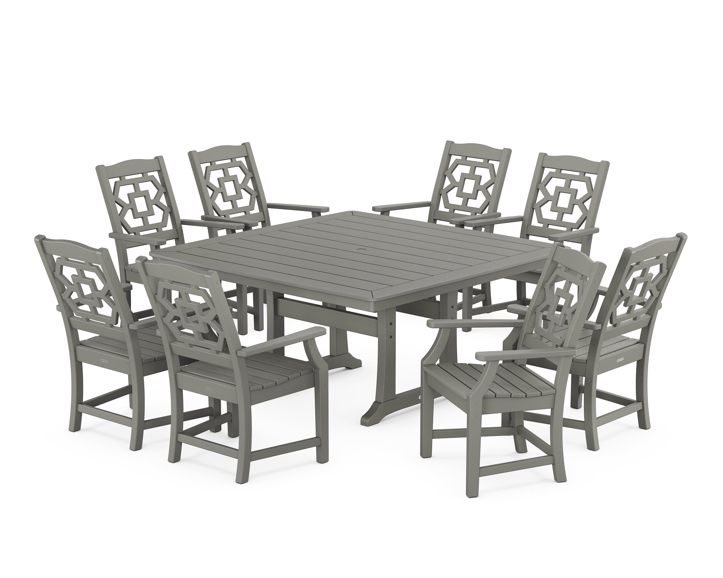 Martha Stewart by POLYWOOD® Chinoiserie 9-Piece Square Dining Set with Trestle Legs in Slate Grey