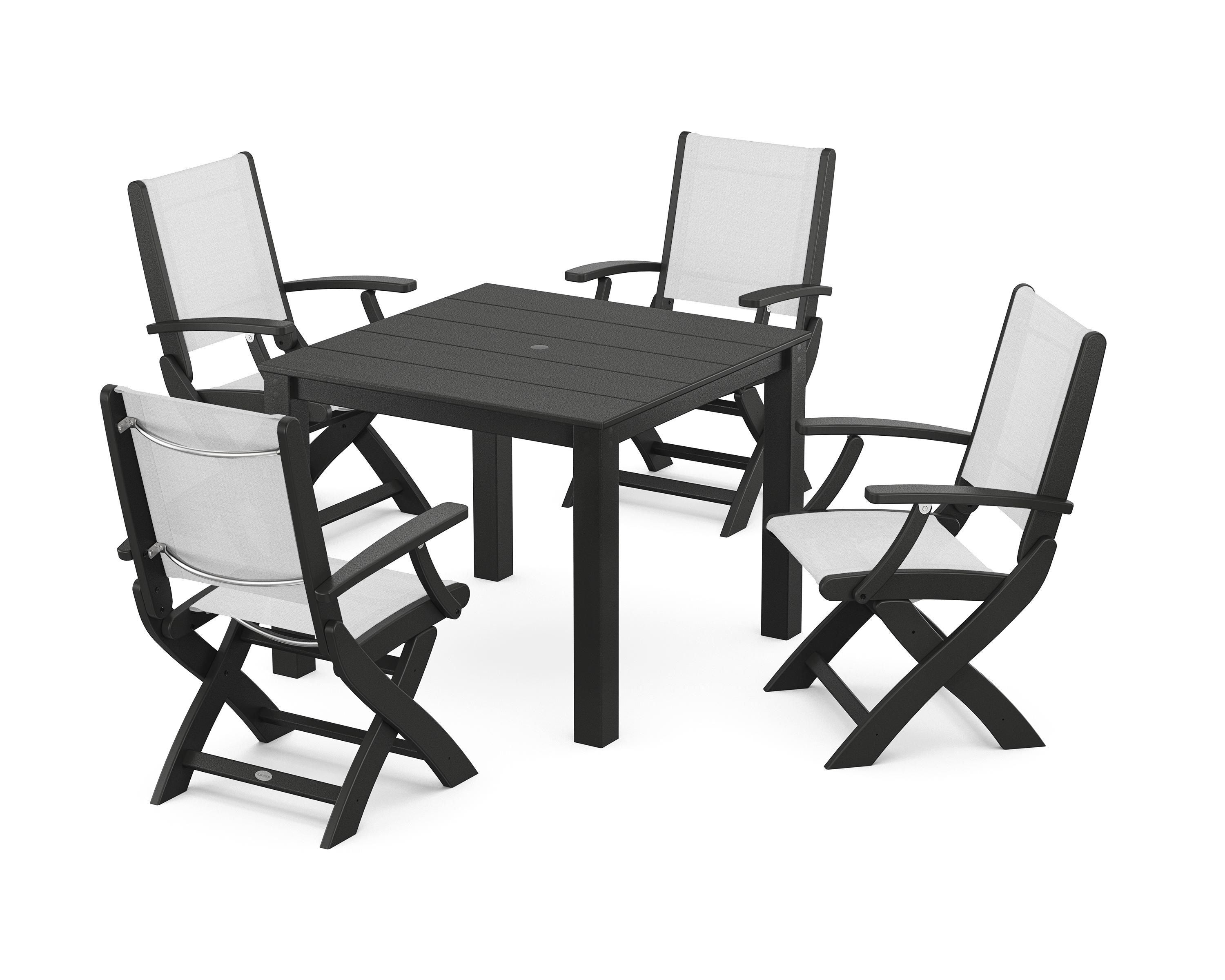 POLYWOOD Coastal Folding Chair 5-Piece Parsons Dining Set in Black / White Sling