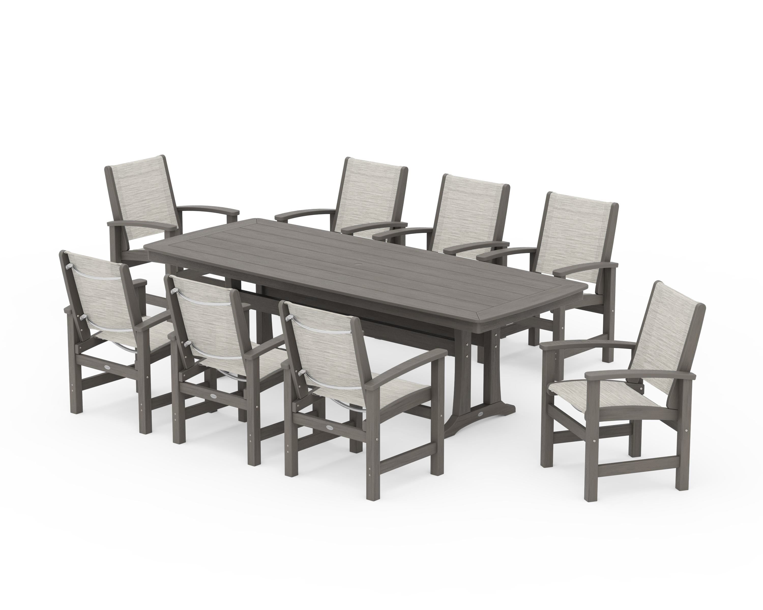 POLYWOOD Coastal 9-Piece Dining Set with Trestle Legs in Driftwood / Birch Sling