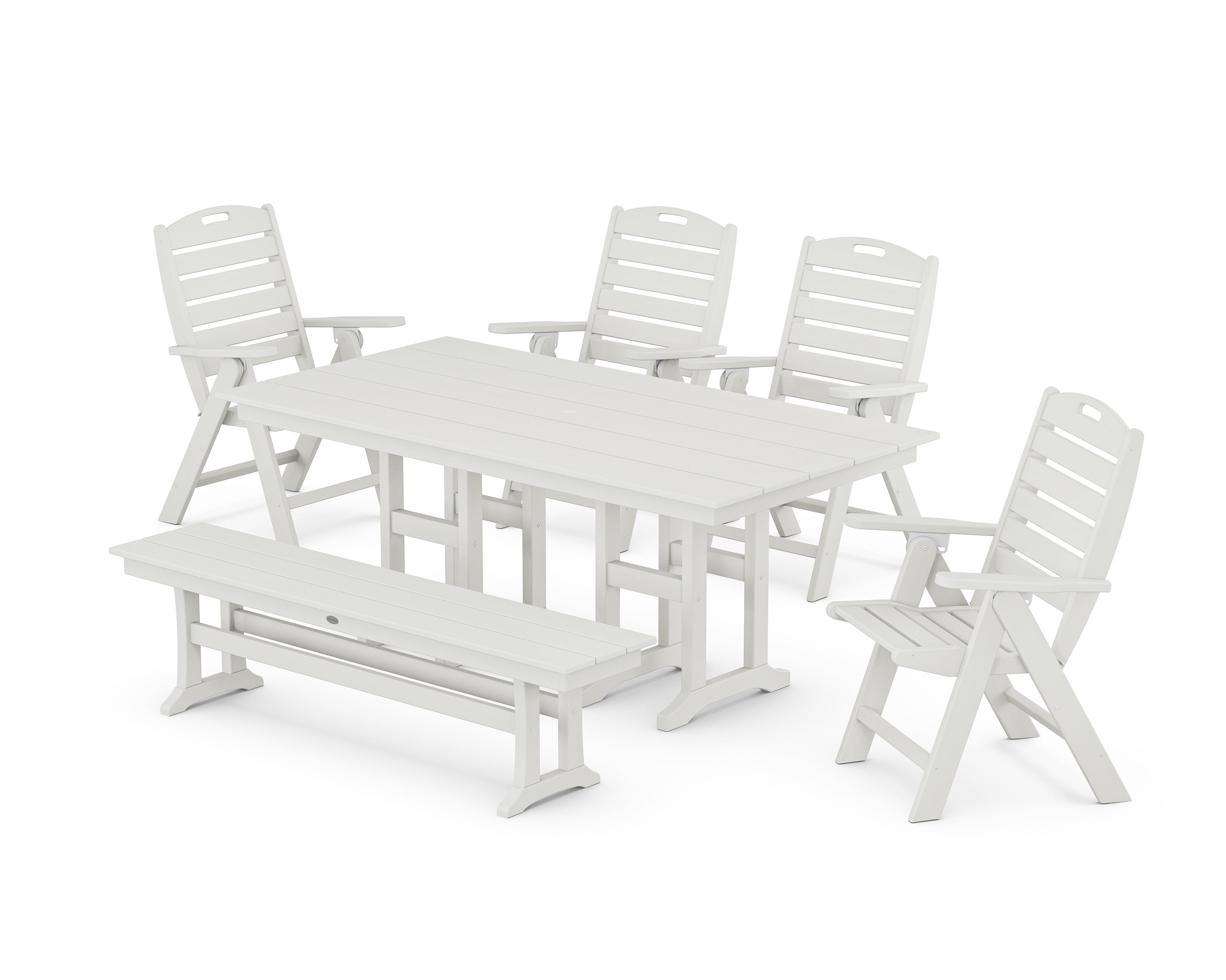 POLYWOOD Nautical Highback 6-Piece Farmhouse Dining Set with Bench in Vintage White