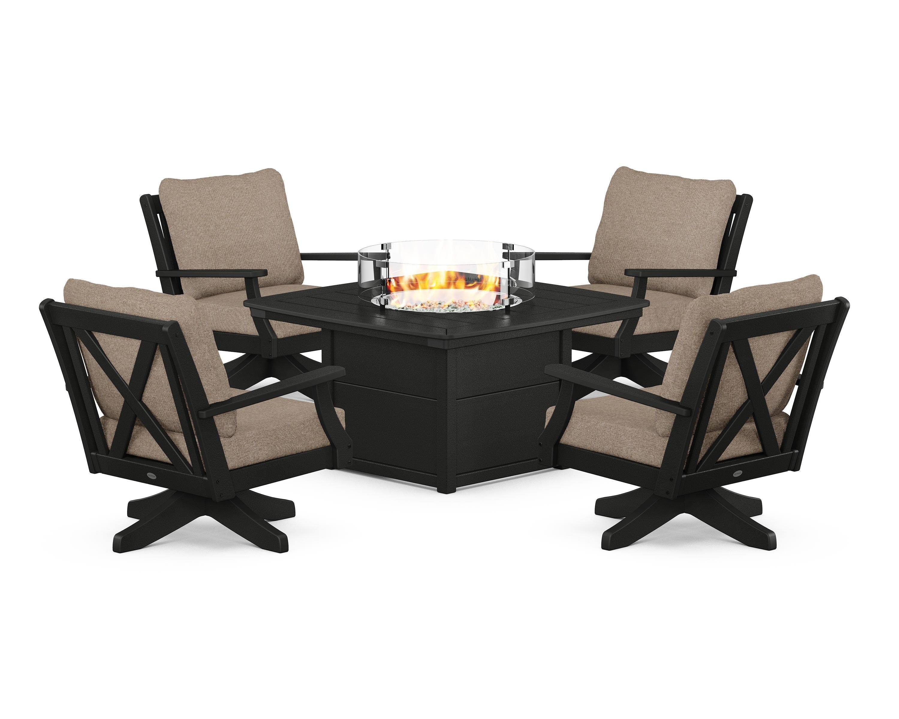 POLYWOOD Braxton 5-Piece Deep Seating Swivel Conversation Set with Fire Pit Table in Black / Spiced Burlap