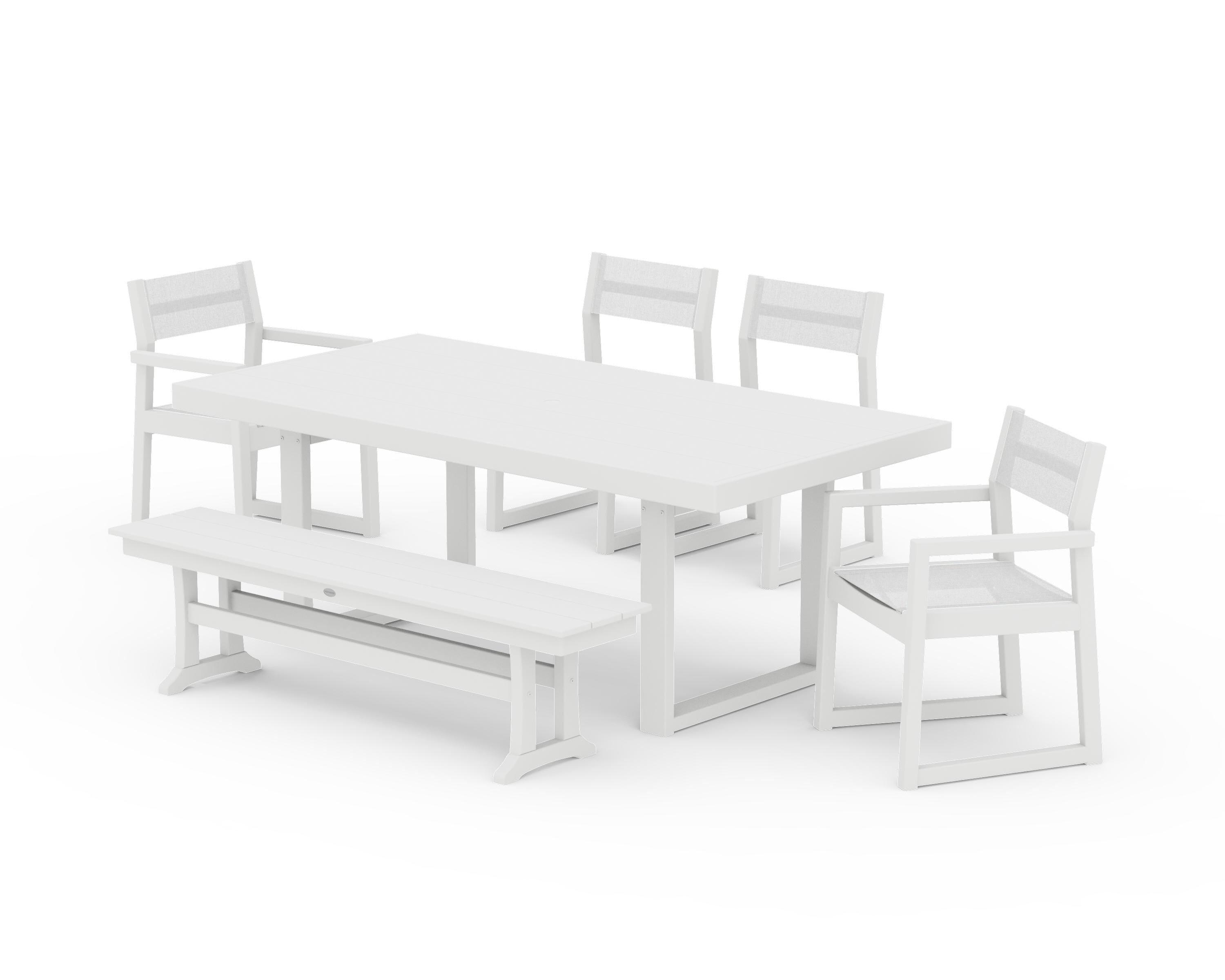 POLYWOOD EDGE Sling 6-Piece Dining Set with Bench in White / White Sling