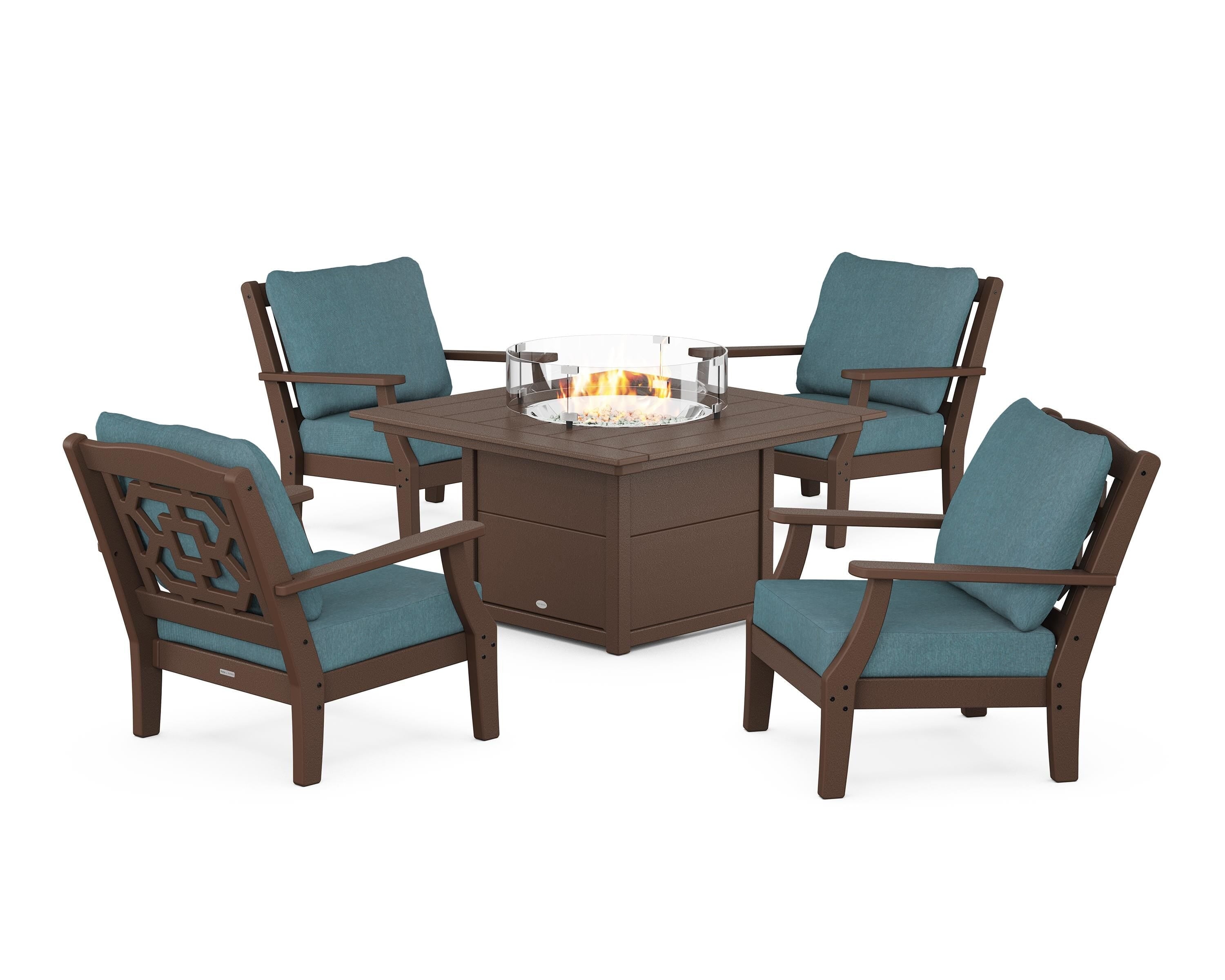 Martha Stewart by POLYWOOD Chinoiserie 5-Piece Deep Seating Set with Fire Pit Table in Mahogany / Ocean Teal
