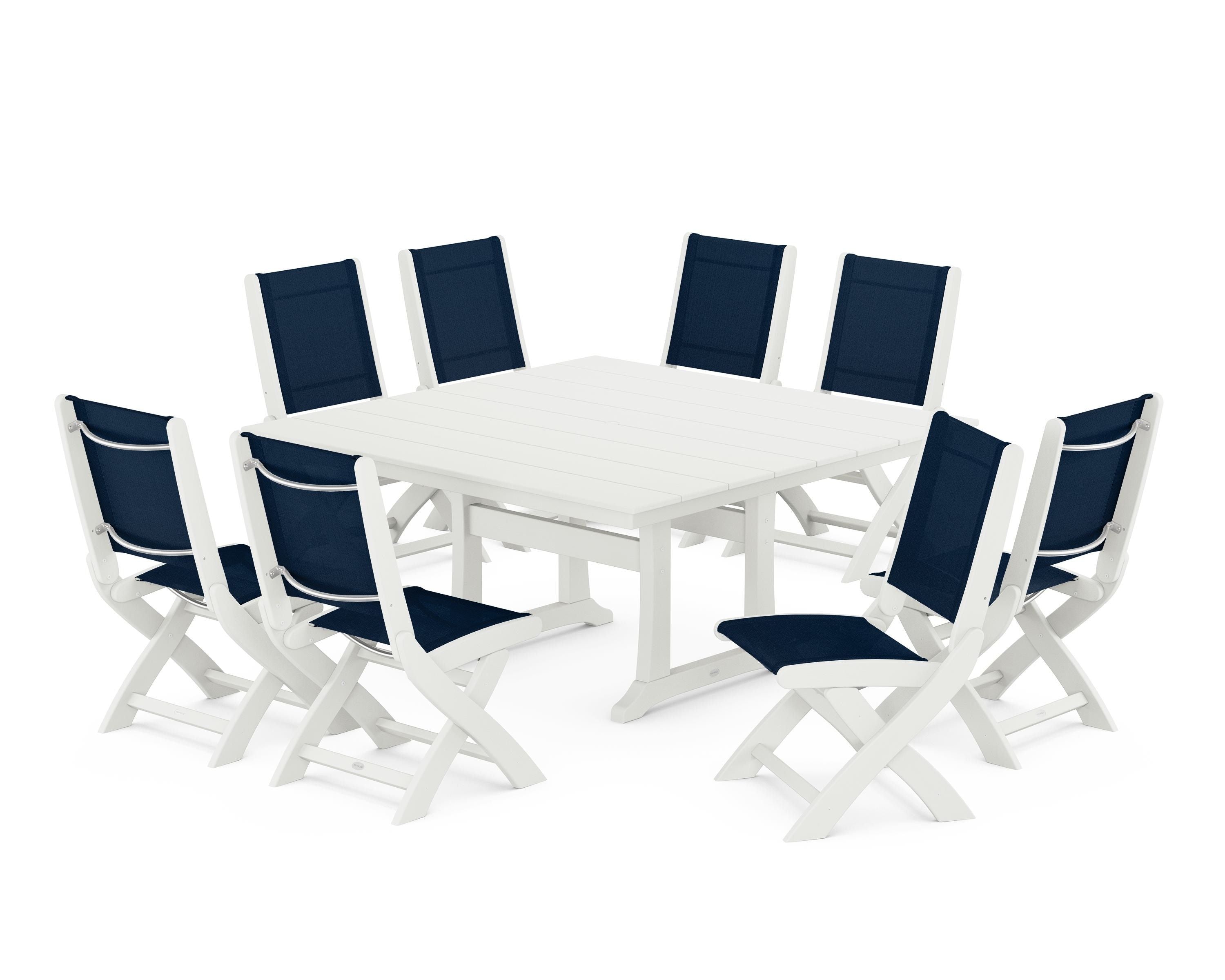 POLYWOOD Coastal Folding Side Chair 9-Piece Farmhouse Dining Set in Vintage White / Navy Blue Sling