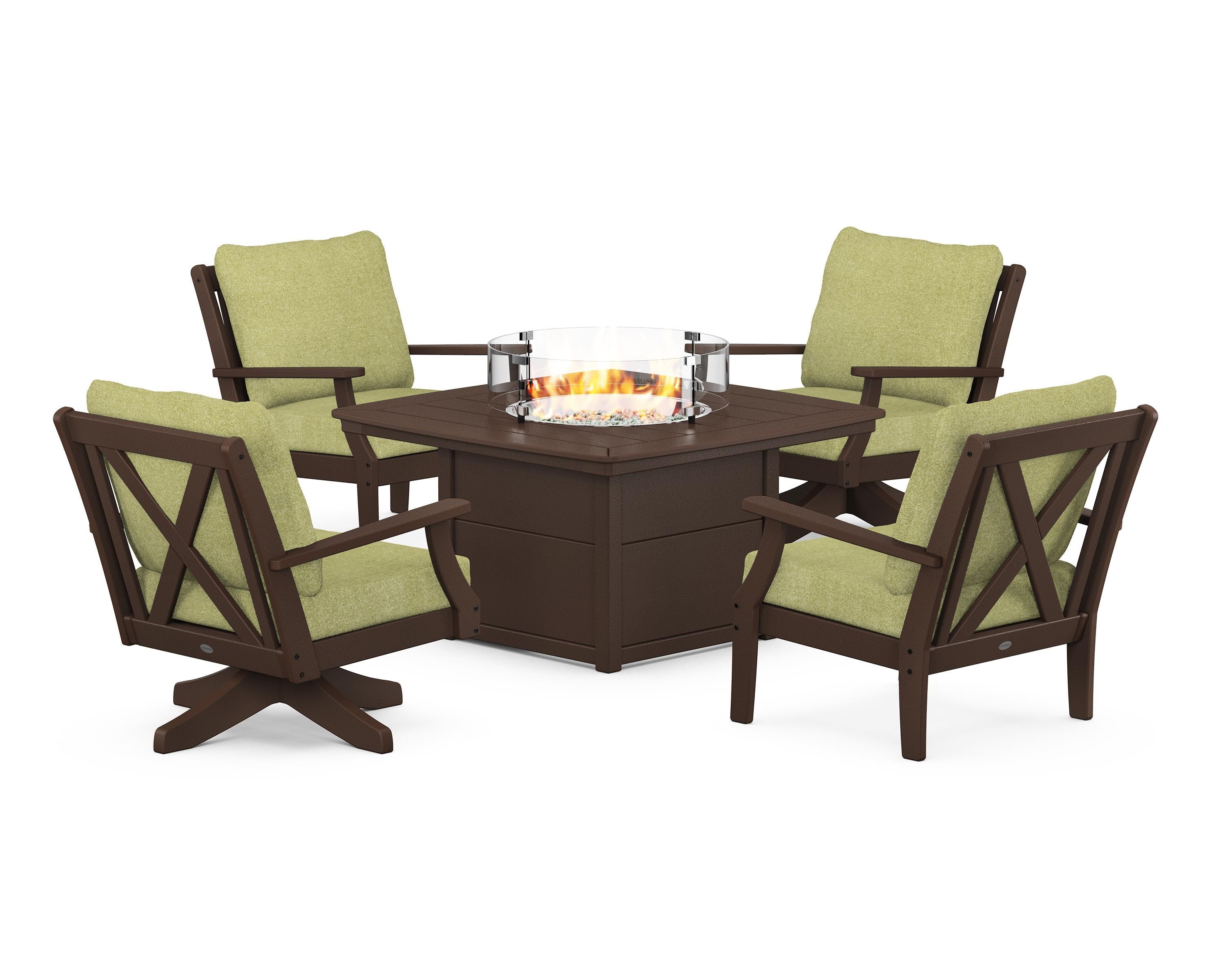 POLYWOOD Braxton 5-Piece Deep Seating Set with Fire Table in Mahogany / Chartreuse Boucle