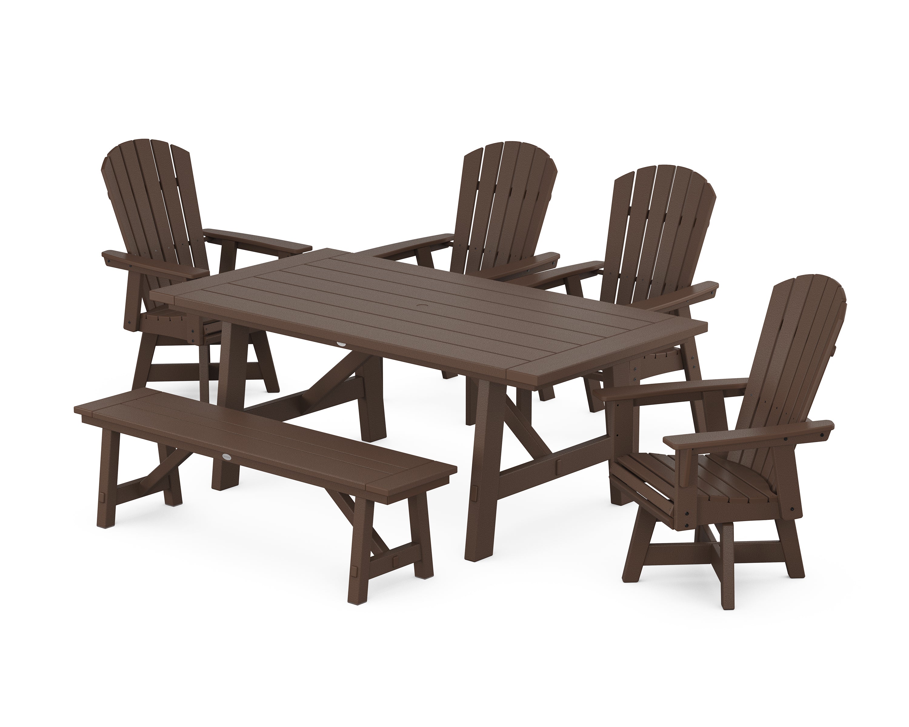 POLYWOOD® Nautical Adirondack Swivel 6-Piece Rustic Farmhouse Dining Set With Trestle Legs in Mahogany