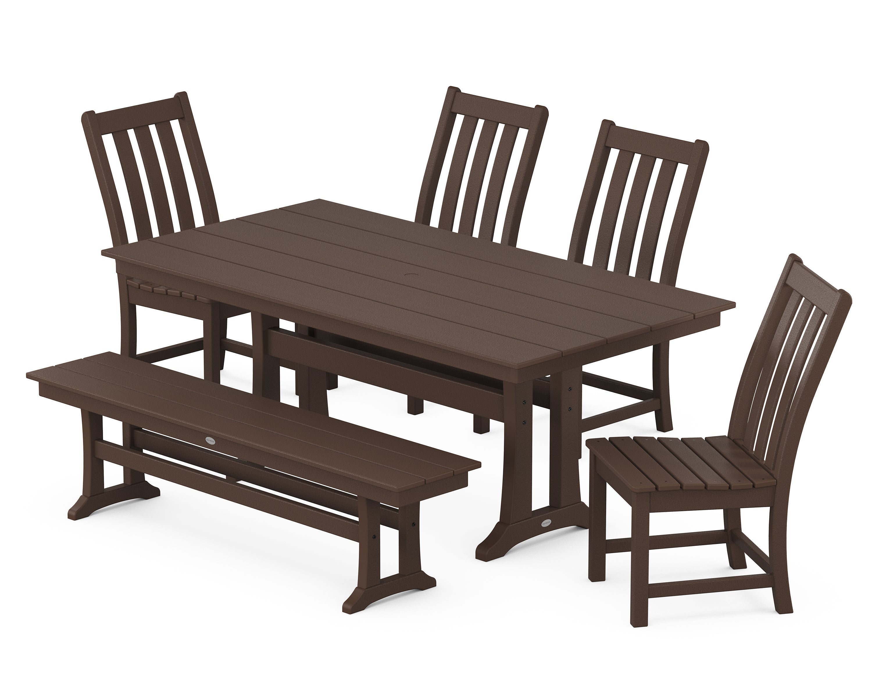 POLYWOOD Vineyard Side Chair 6-Piece Farmhouse Dining Set with Trestle Legs and Bench in Mahogany