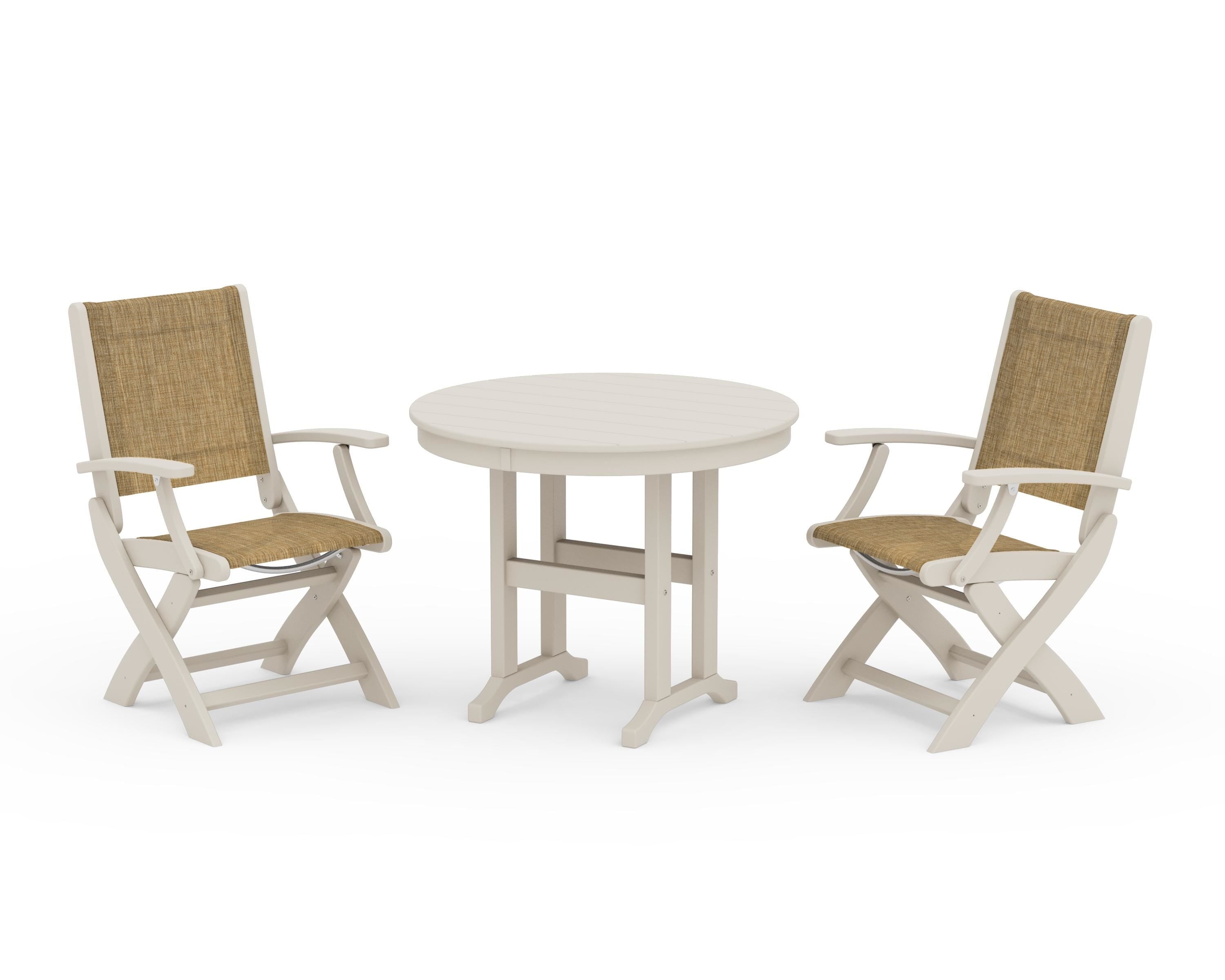 POLYWOOD Coastal Folding Chair 3-Piece Round Dining Set in Sand / Burlap Sling