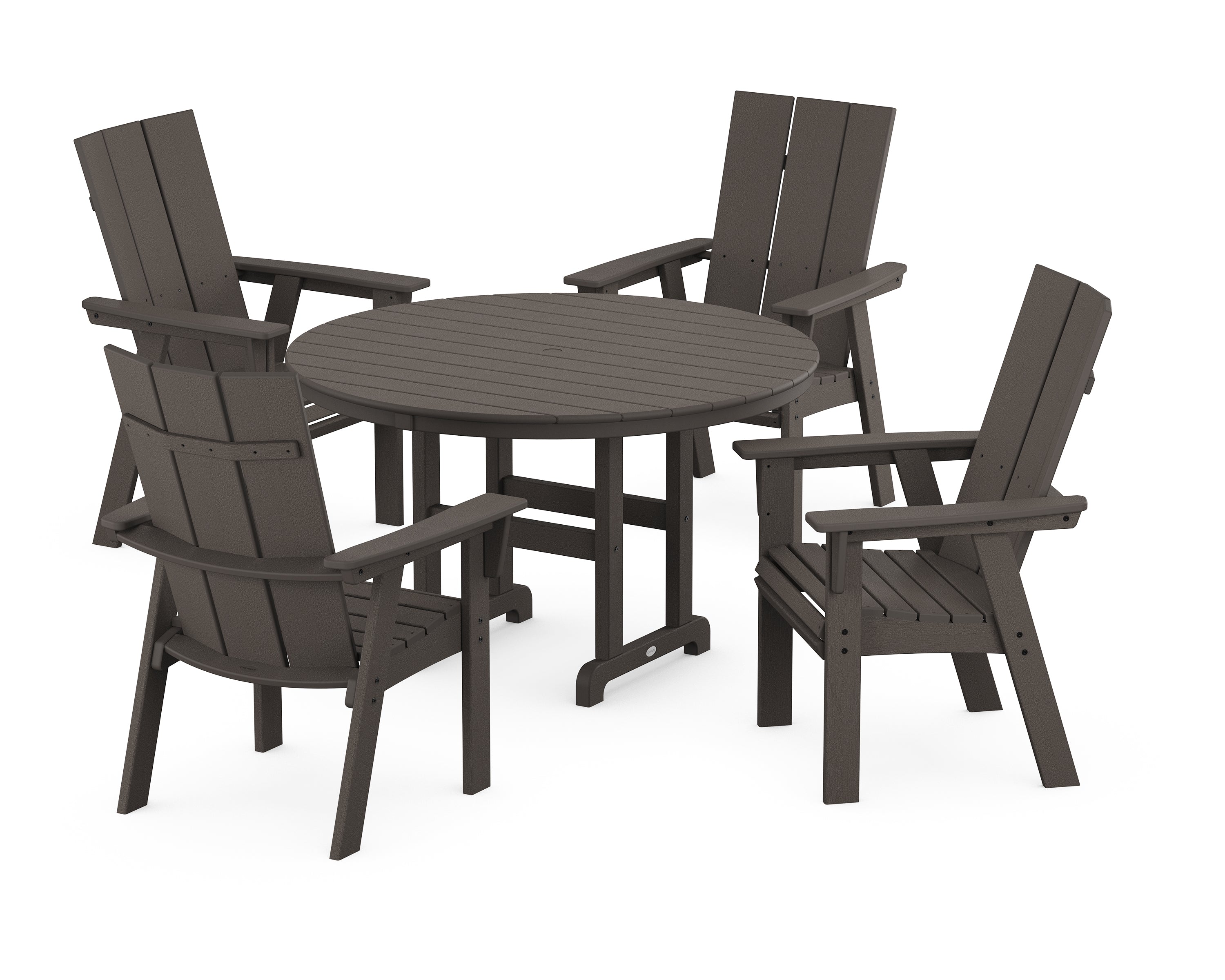 POLYWOOD® Modern Curveback Adirondack 5-Piece Round Farmhouse Dining Set in Vintage Coffee