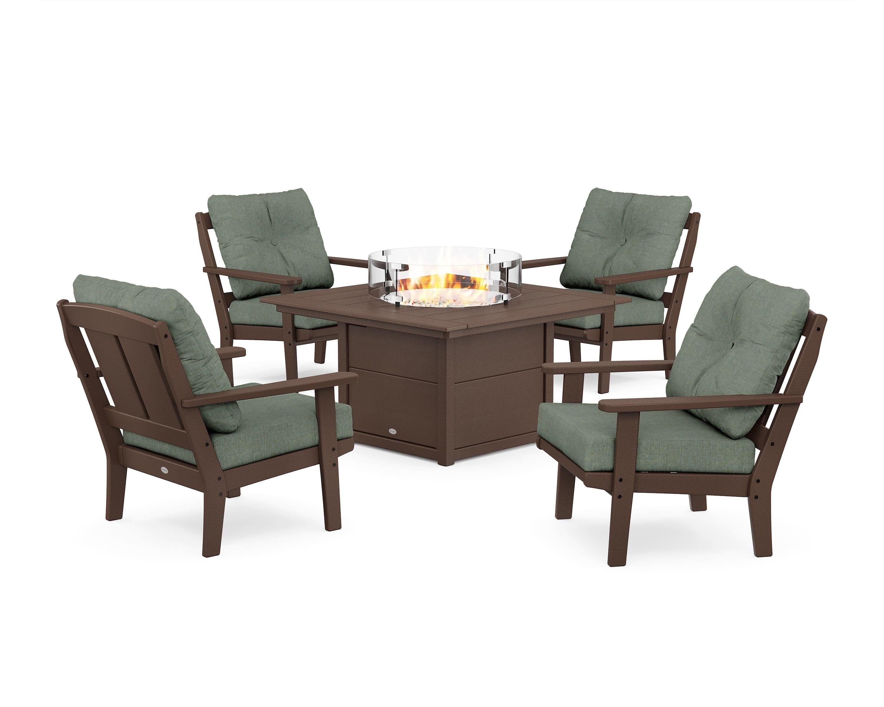 POLYWOOD Mission 5-Piece Deep Seating Set with Fire Pit Table in Mahogany / Cast Sage