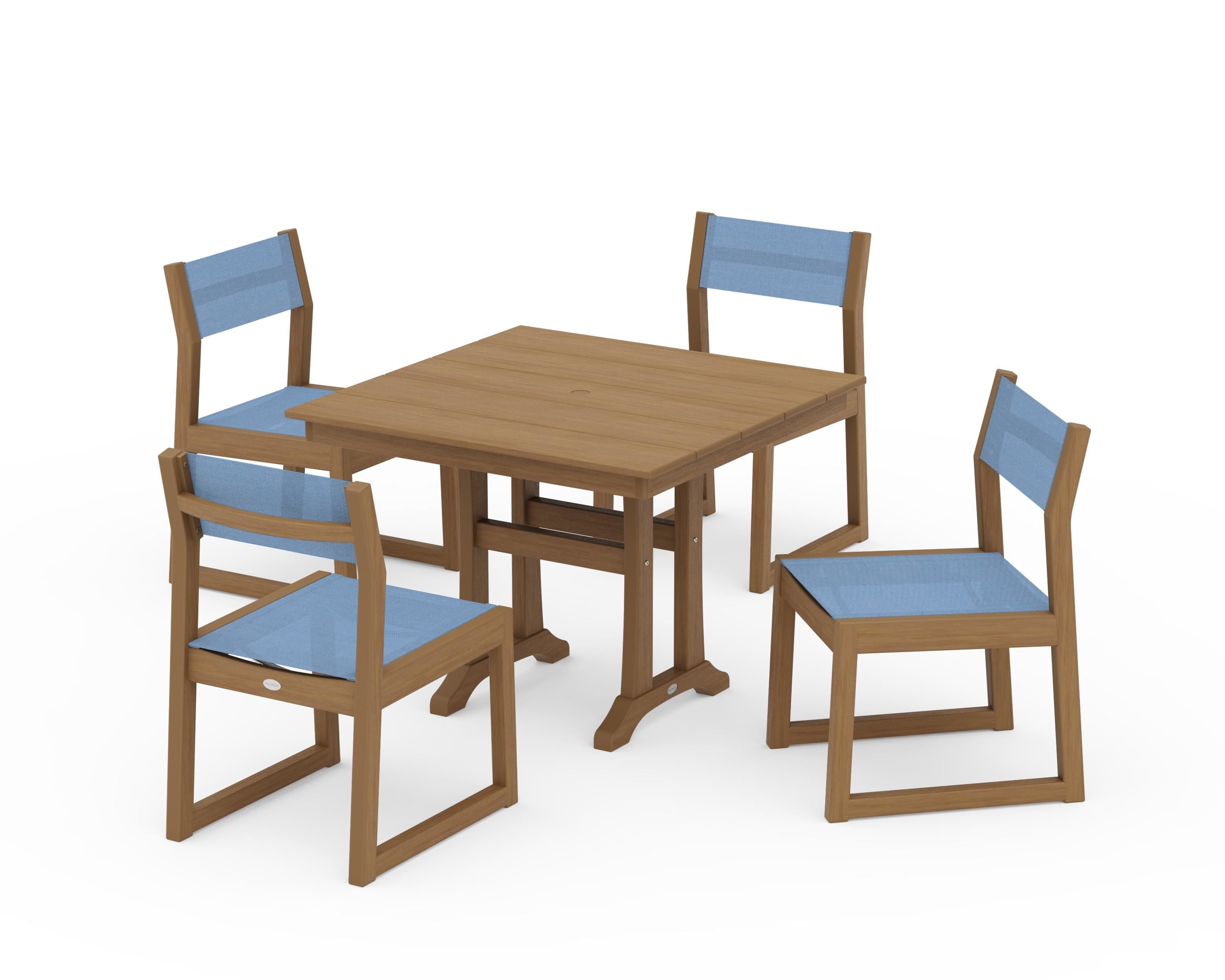 POLYWOOD EDGE Sling 5-Piece Farmhouse Trestle Side Chair Dining Set in Natural / Poolside Sling