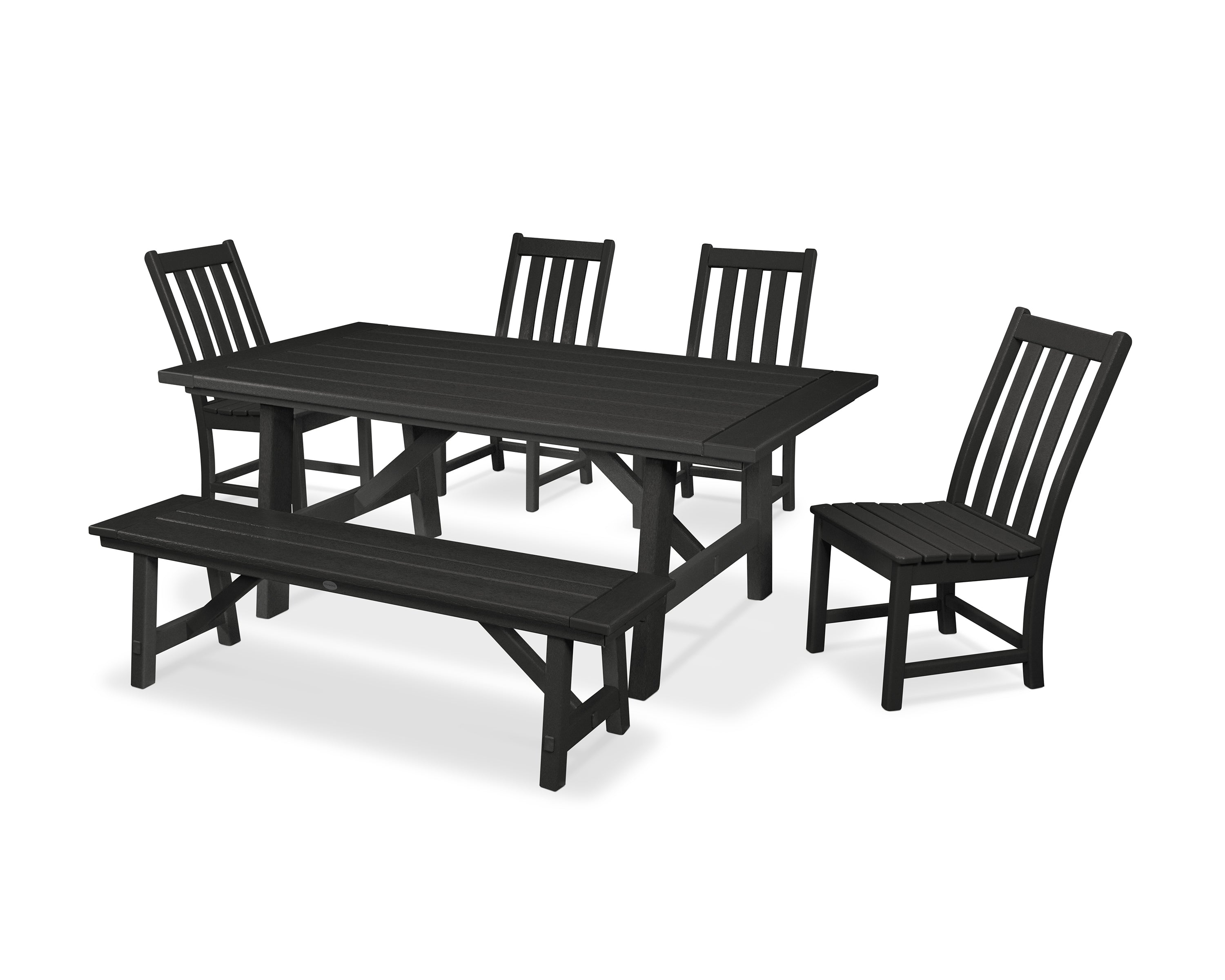 POLYWOOD® Vineyard 6-Piece Rustic Farmhouse Side Chair Dining Set with Bench in Black